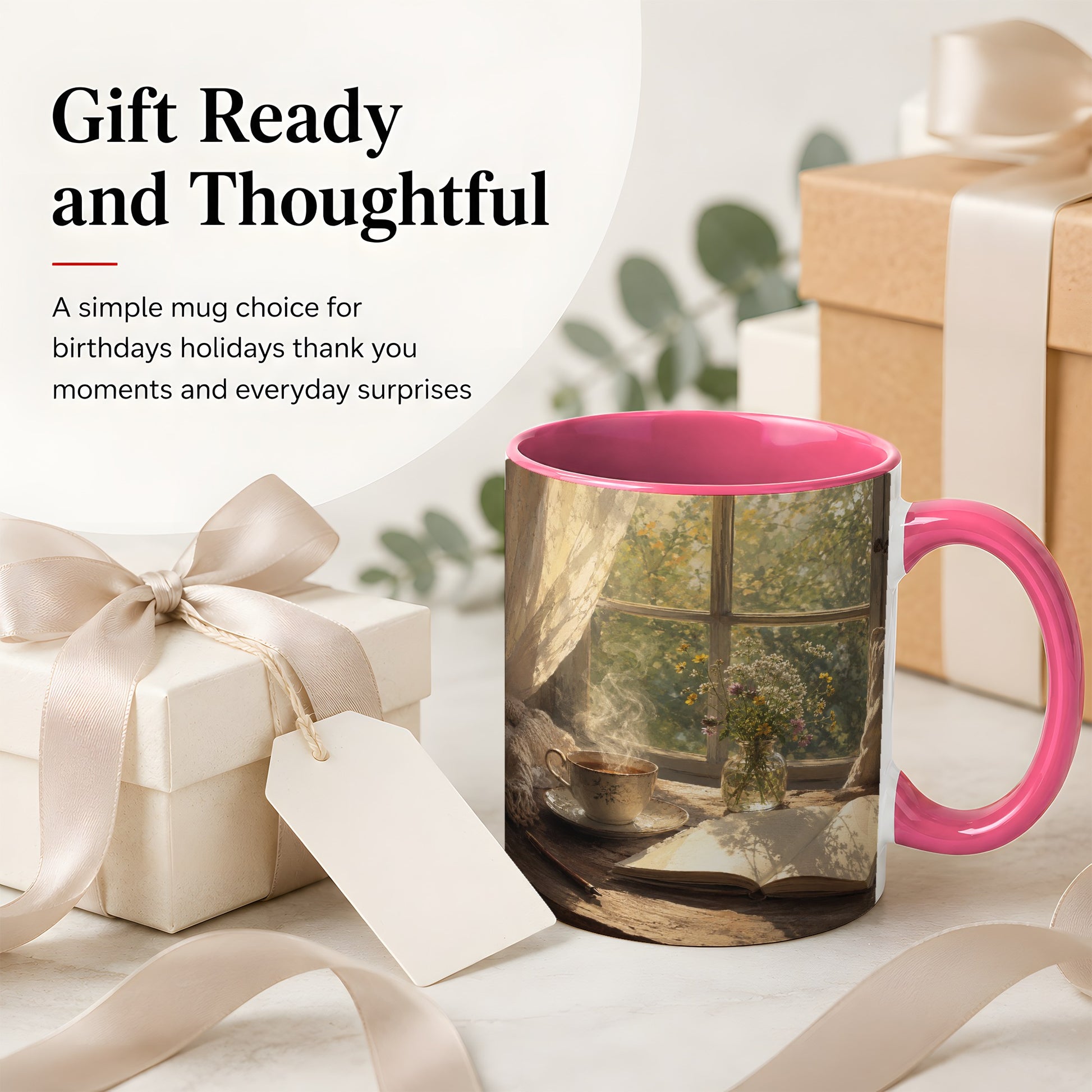 #pl[11oz|Pink] Cozy Reading Nook Ceramic Mug, Tea Book and Flowers Art