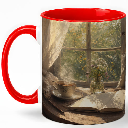 Cozy Reading Nook Ceramic Mug, Tea Book and Flowers Art