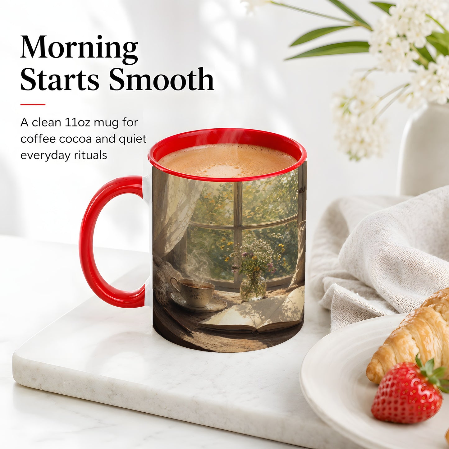 #pl[11oz|Red] Cozy Reading Nook Ceramic Mug, Tea Book and Flowers Art