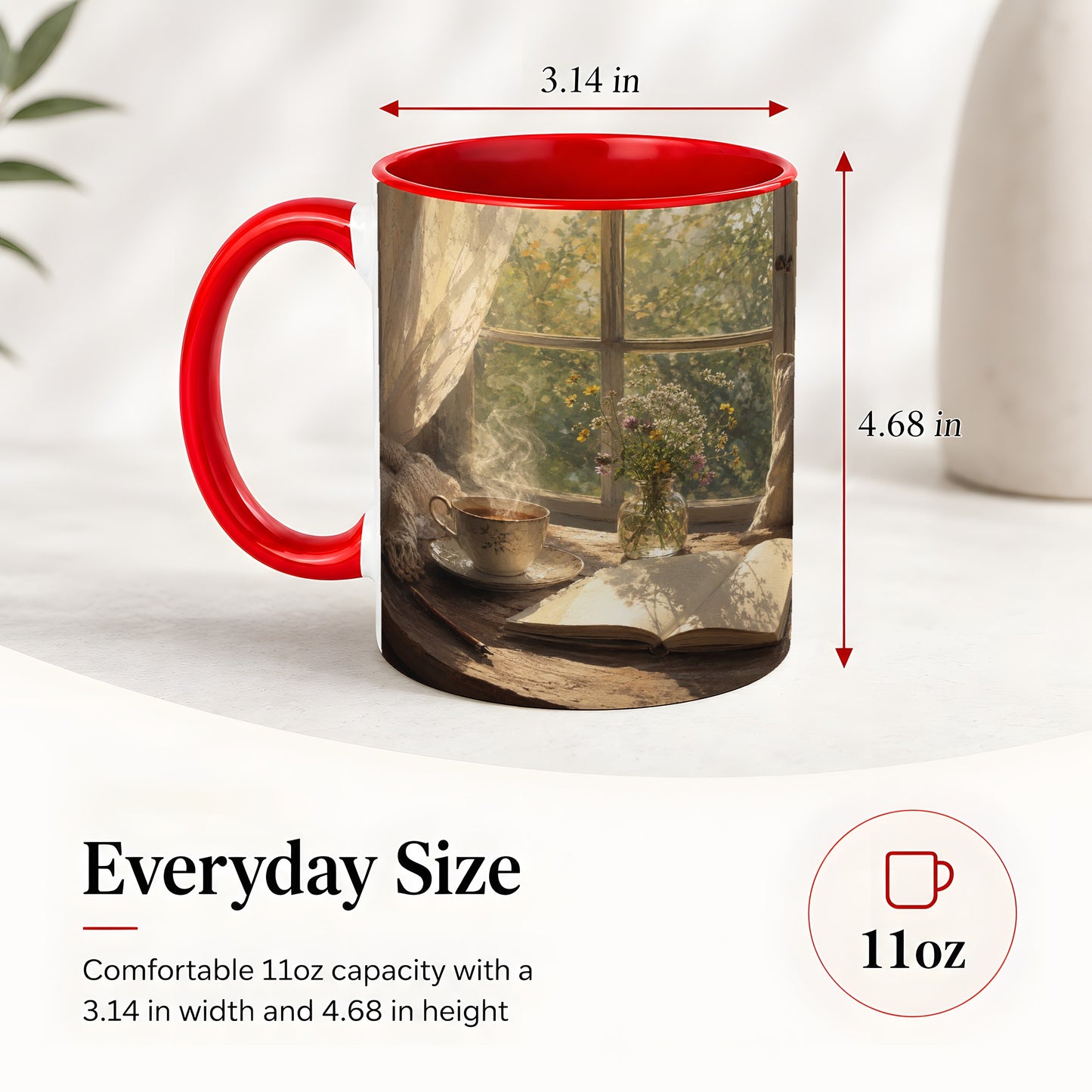 #pl[11oz|Red] Cozy Reading Nook Ceramic Mug, Tea Book and Flowers Art