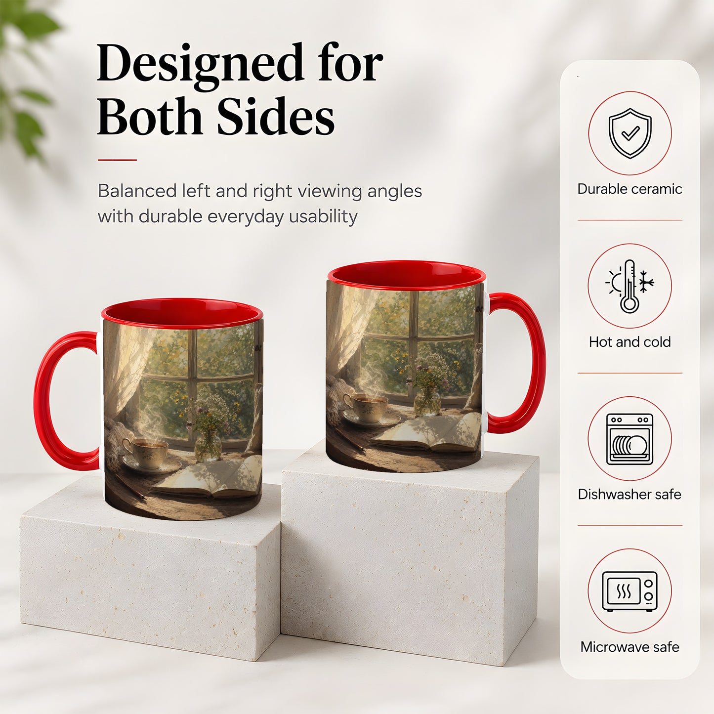 #pl[11oz|Red] Cozy Reading Nook Ceramic Mug, Tea Book and Flowers Art