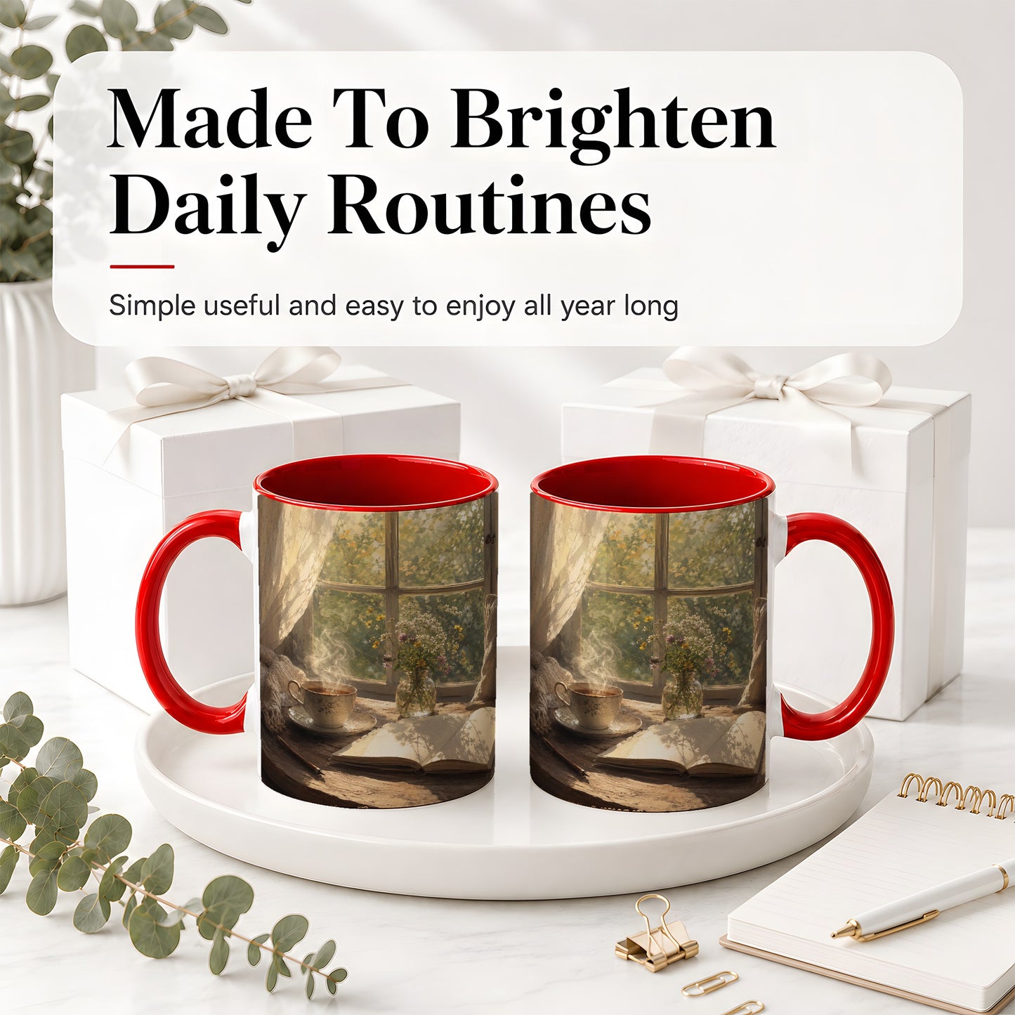 #pl[11oz|Red] Cozy Reading Nook Ceramic Mug, Tea Book and Flowers Art
