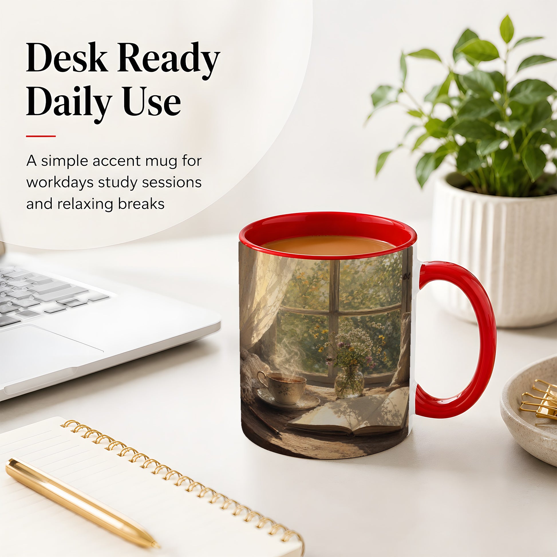 #pl[11oz|Red] Cozy Reading Nook Ceramic Mug, Tea Book and Flowers Art