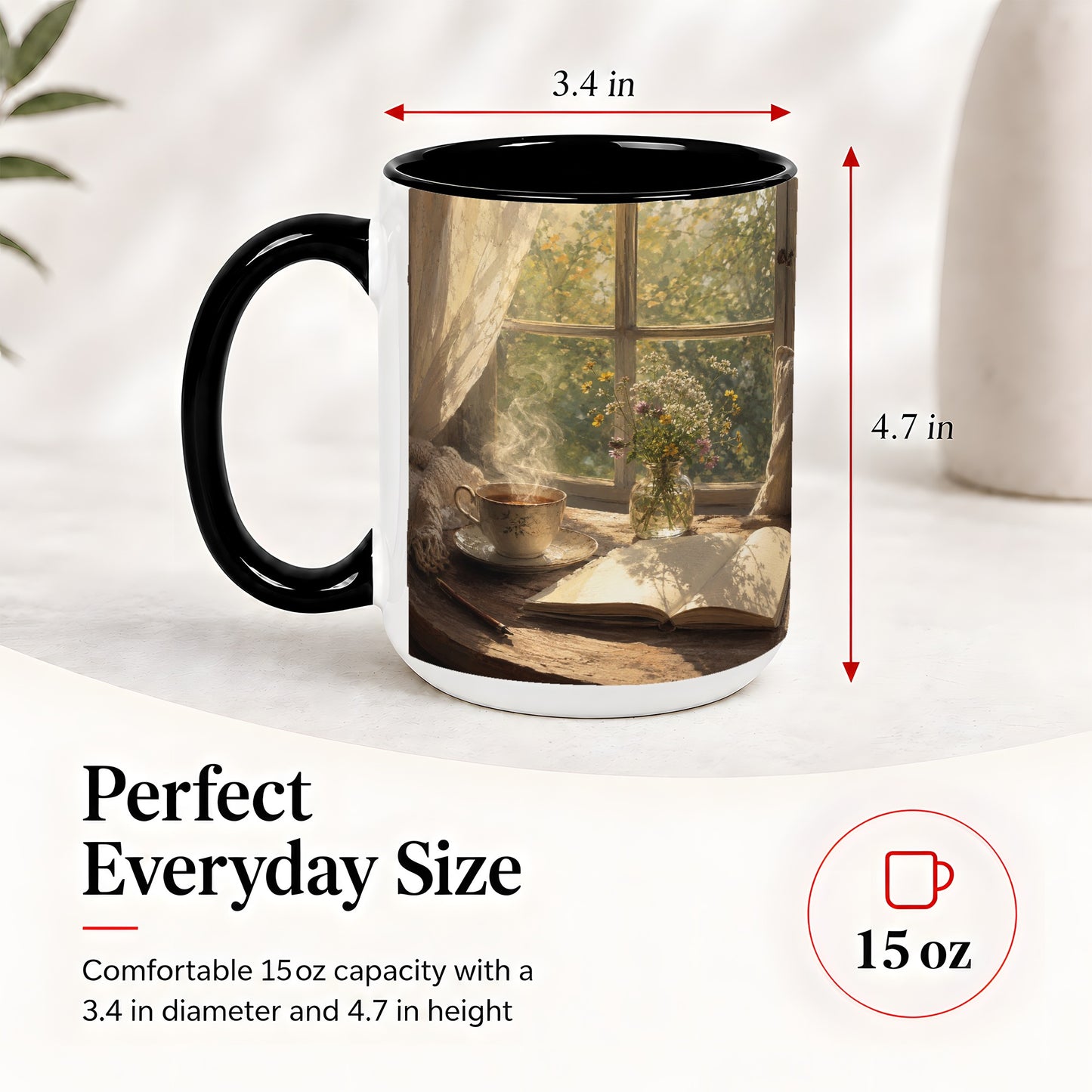 #pl[15oz|Black] Cozy Reading Nook Ceramic Mug, Tea Book and Flowers Art