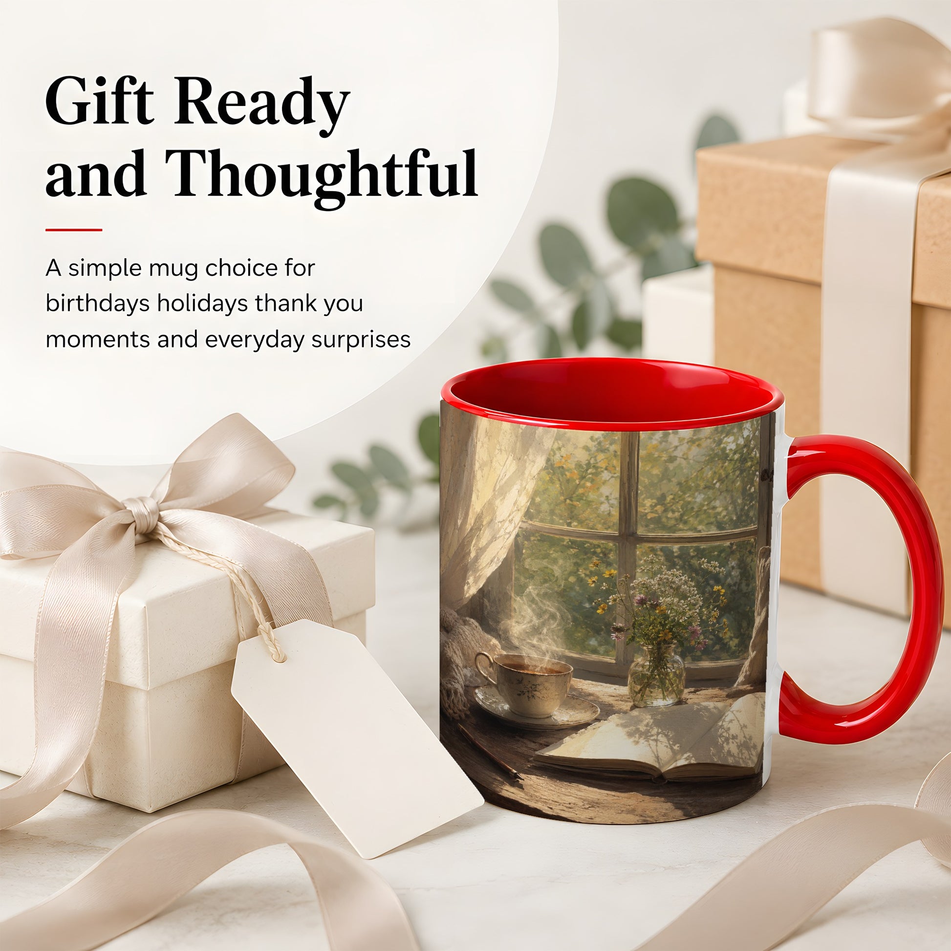 #pl[11oz|Red] Cozy Reading Nook Ceramic Mug, Tea Book and Flowers Art