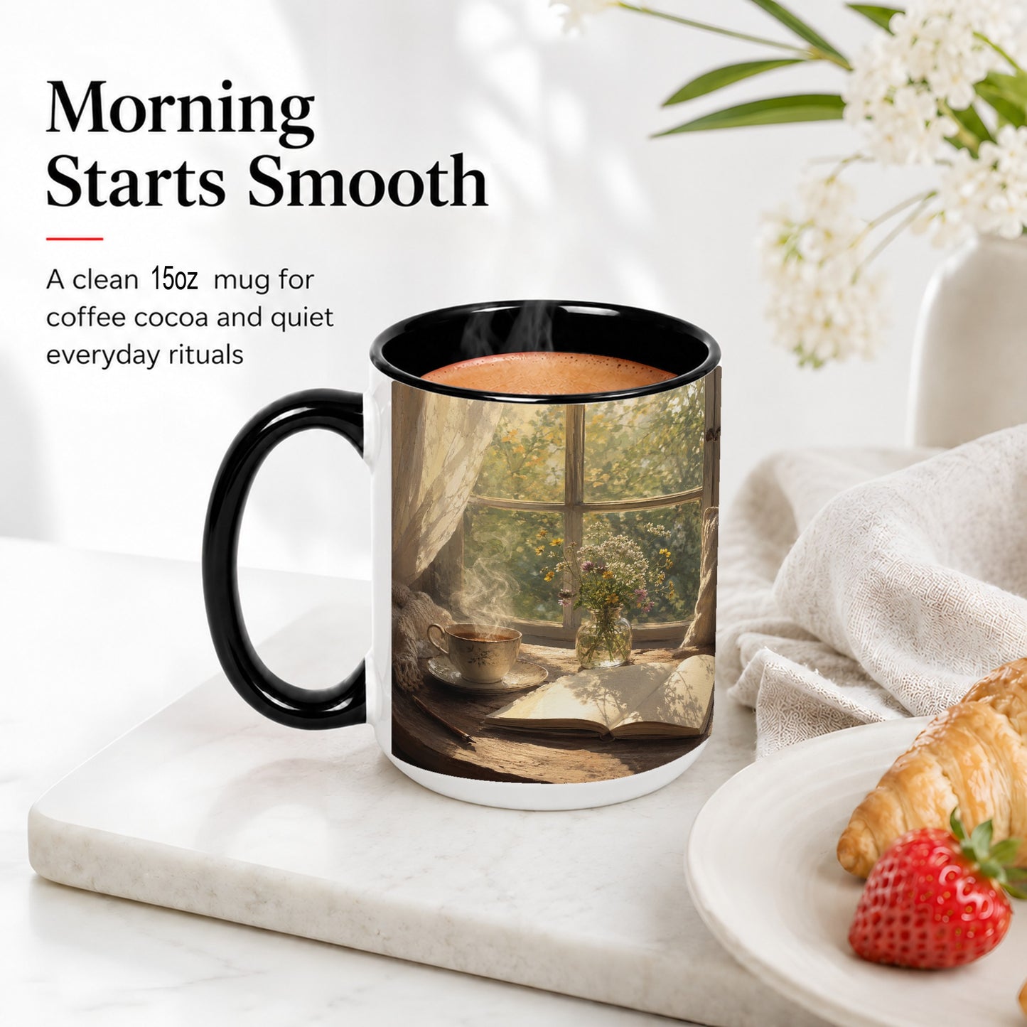 #pl[15oz|Black] Cozy Reading Nook Ceramic Mug, Tea Book and Flowers Art
