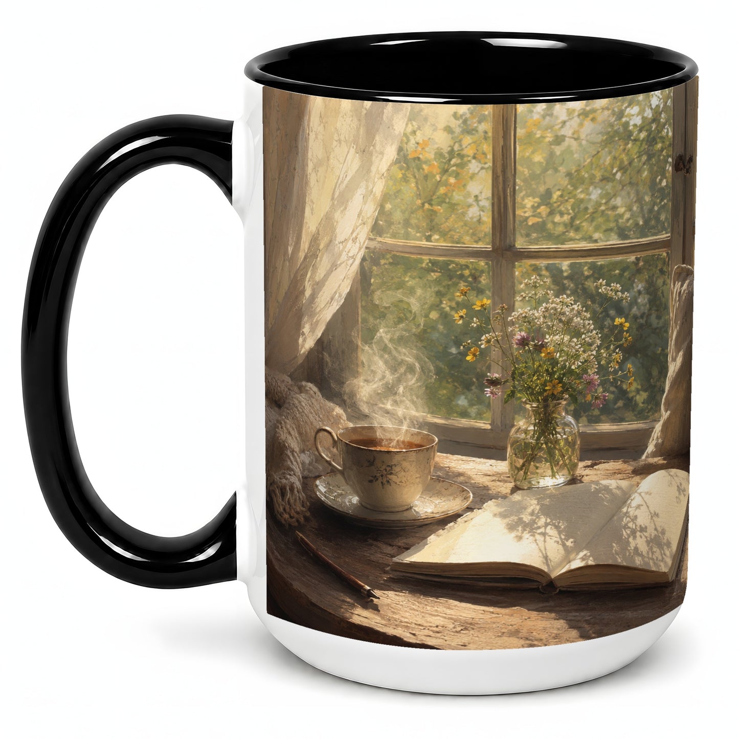 #pl[15oz|Black] Cozy Reading Nook Ceramic Mug, Tea Book and Flowers Art