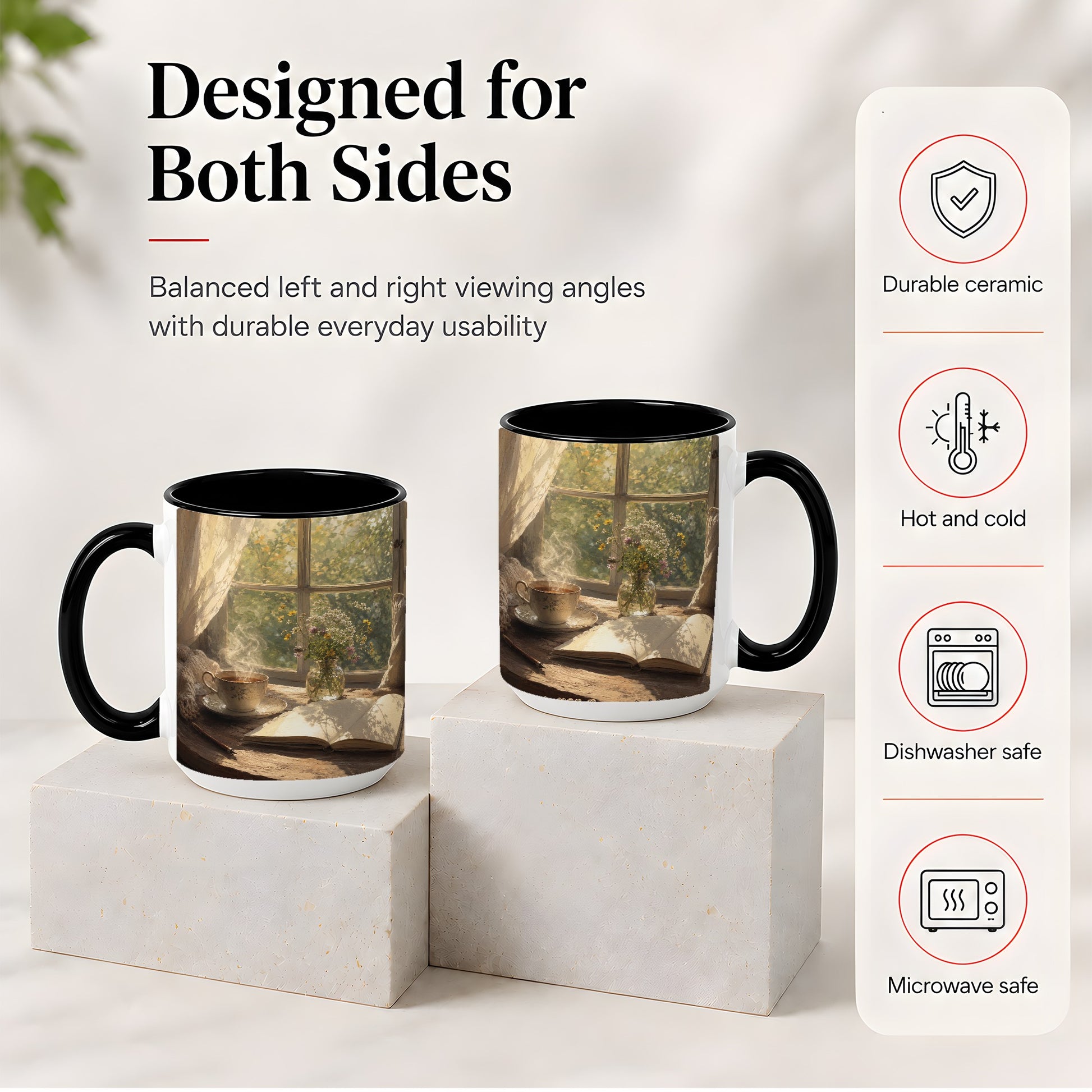 #pl[15oz|Black] Cozy Reading Nook Ceramic Mug, Tea Book and Flowers Art