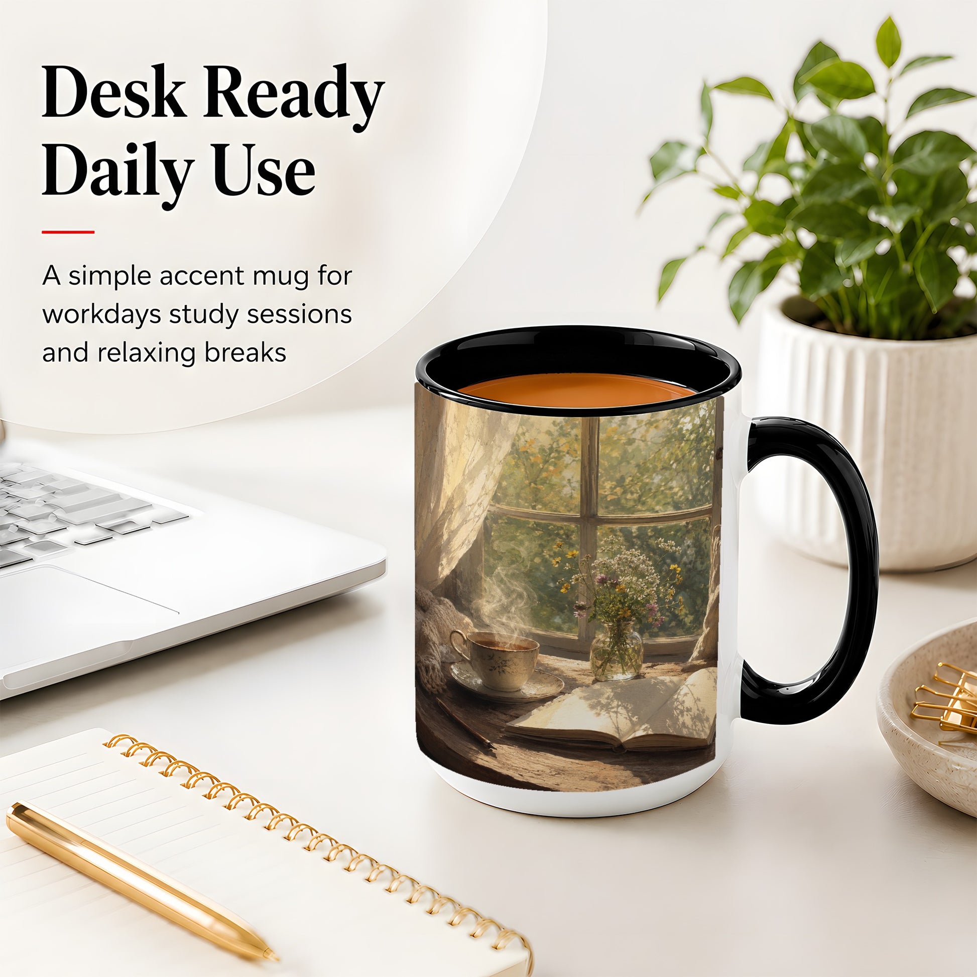 #pl[15oz|Black] Cozy Reading Nook Ceramic Mug, Tea Book and Flowers Art