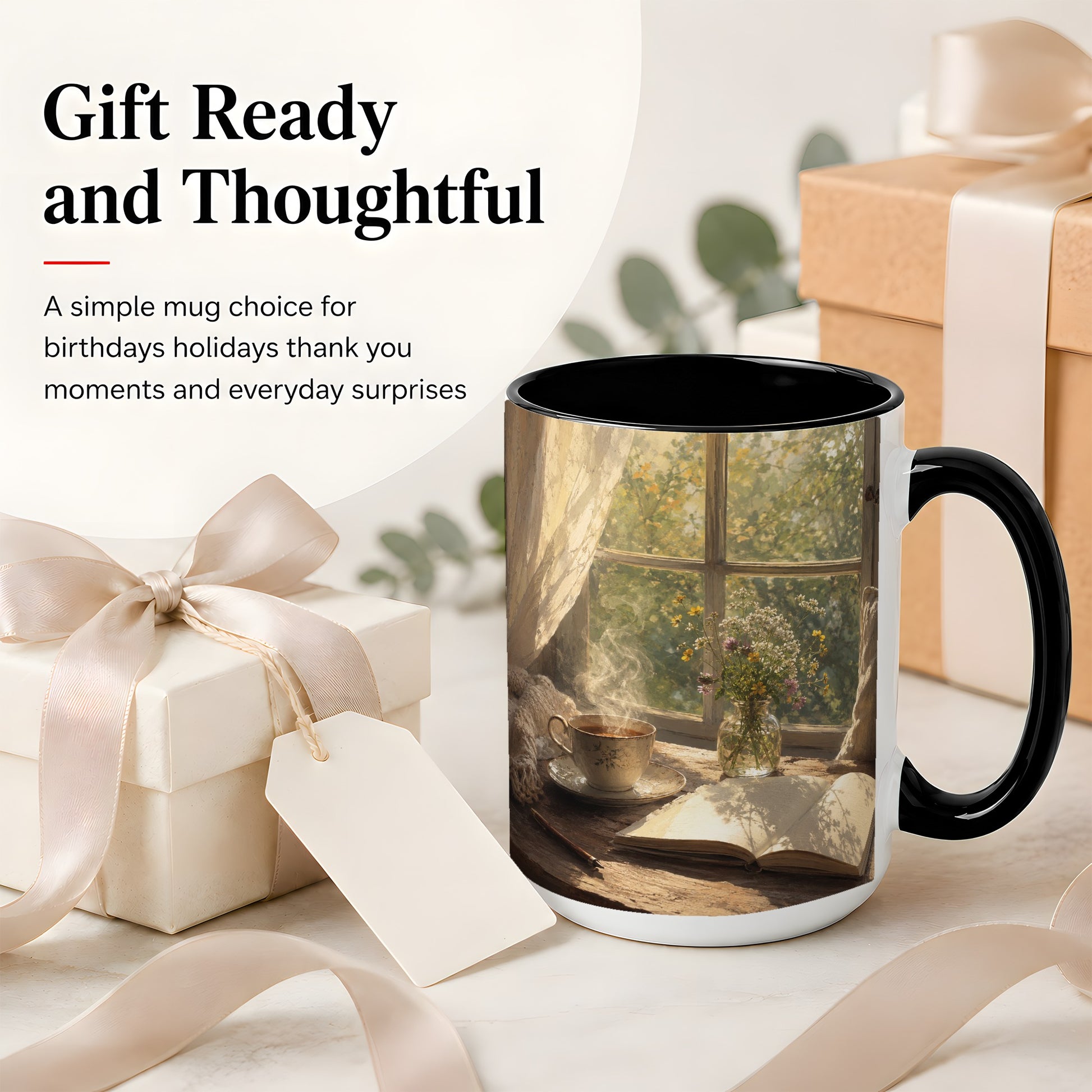 #pl[15oz|Black] Cozy Reading Nook Ceramic Mug, Tea Book and Flowers Art