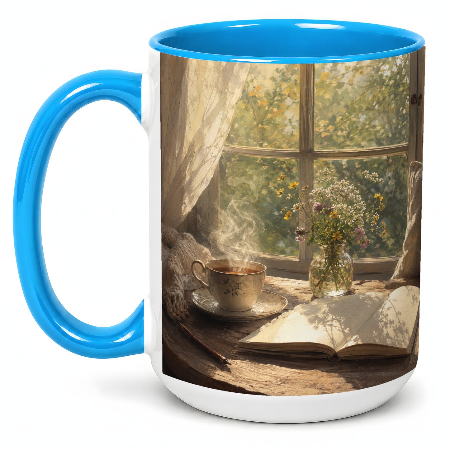 #pl[15oz|Blue] Cozy Reading Nook Ceramic Mug, Tea Book and Flowers Art