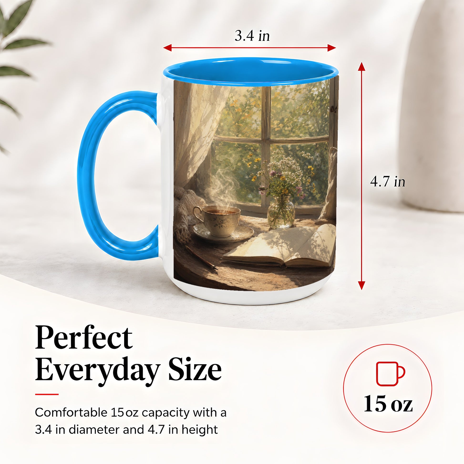 #pl[15oz|Blue] Cozy Reading Nook Ceramic Mug, Tea Book and Flowers Art
