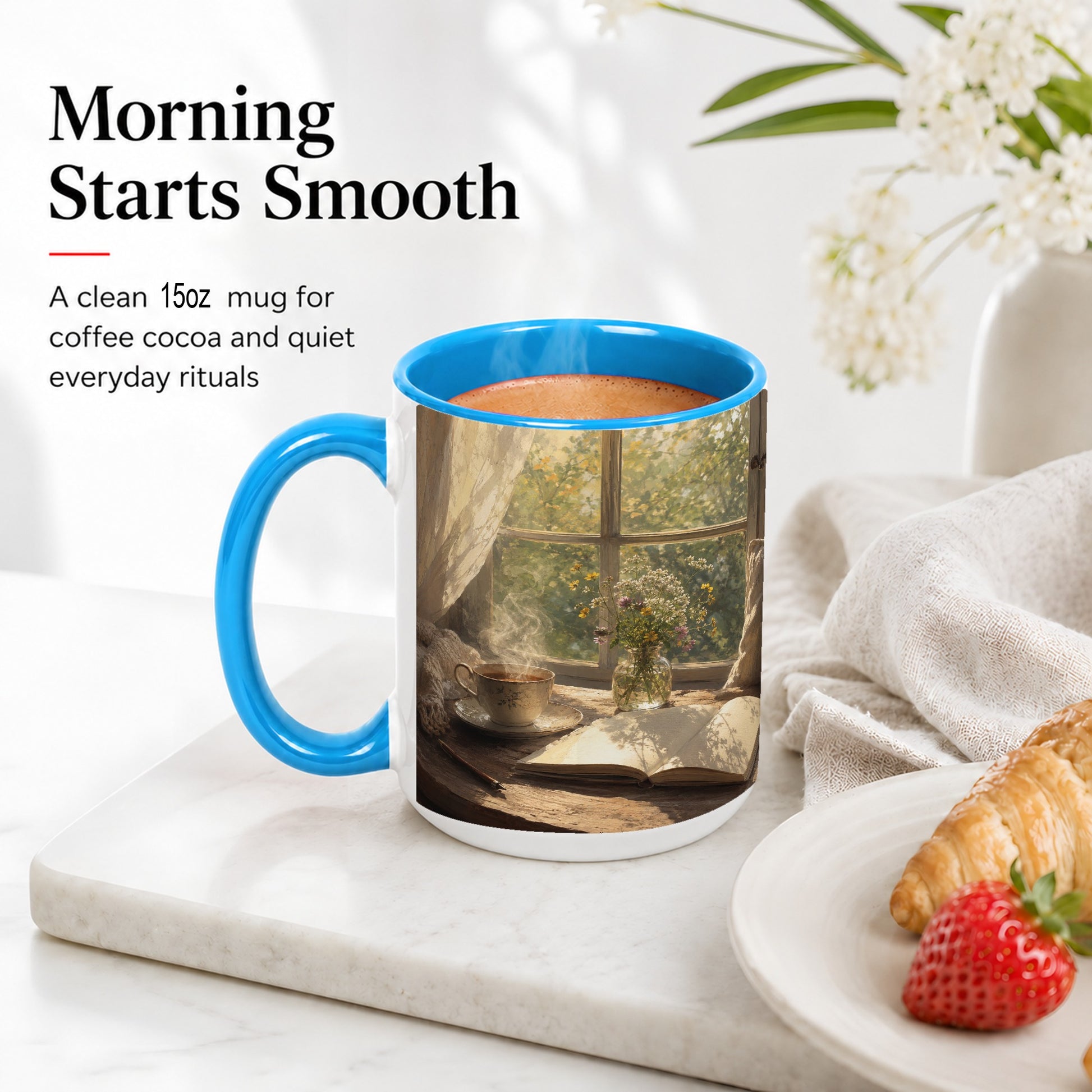 #pl[15oz|Blue] Cozy Reading Nook Ceramic Mug, Tea Book and Flowers Art