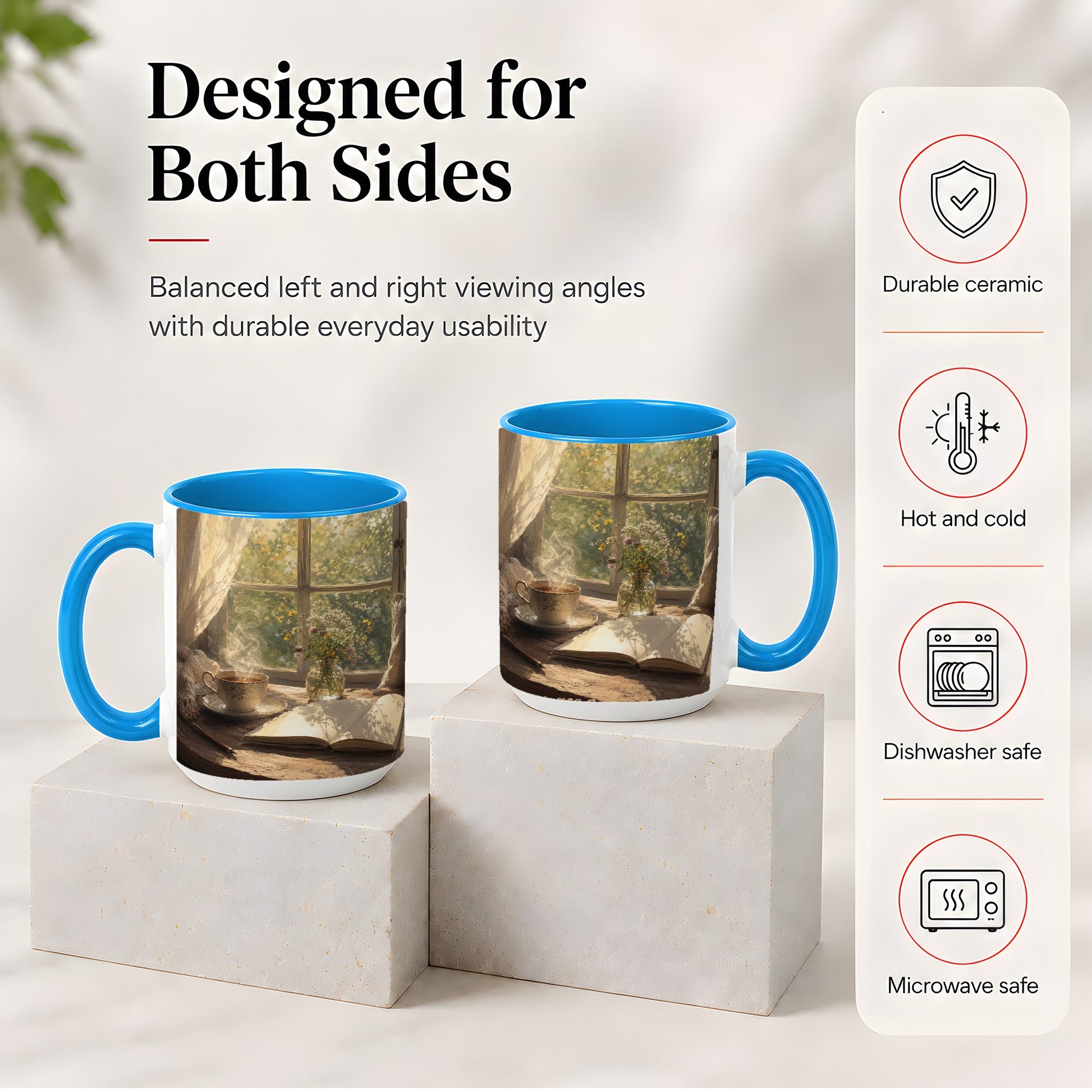 #pl[15oz|Blue] Cozy Reading Nook Ceramic Mug, Tea Book and Flowers Art