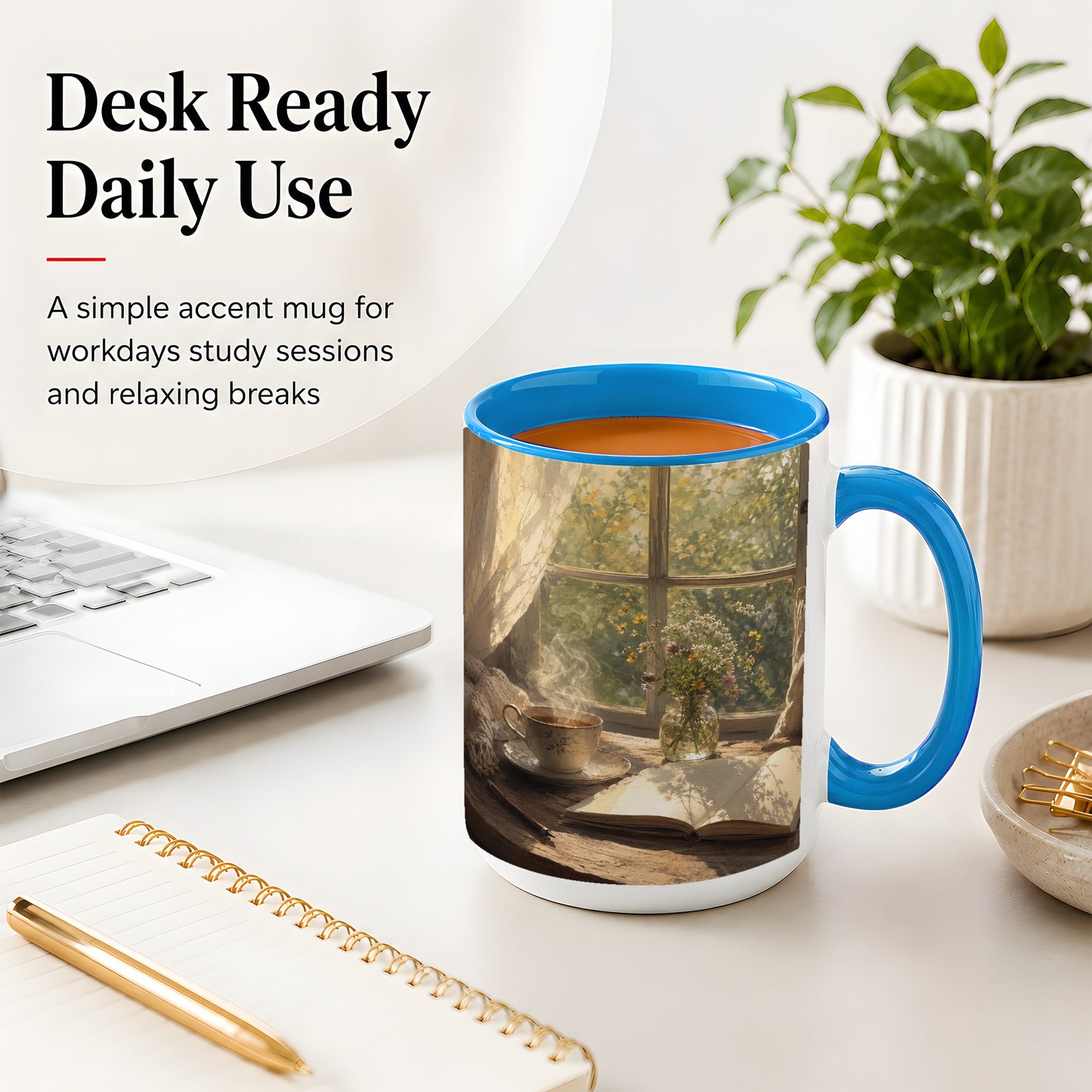 #pl[15oz|Blue] Cozy Reading Nook Ceramic Mug, Tea Book and Flowers Art