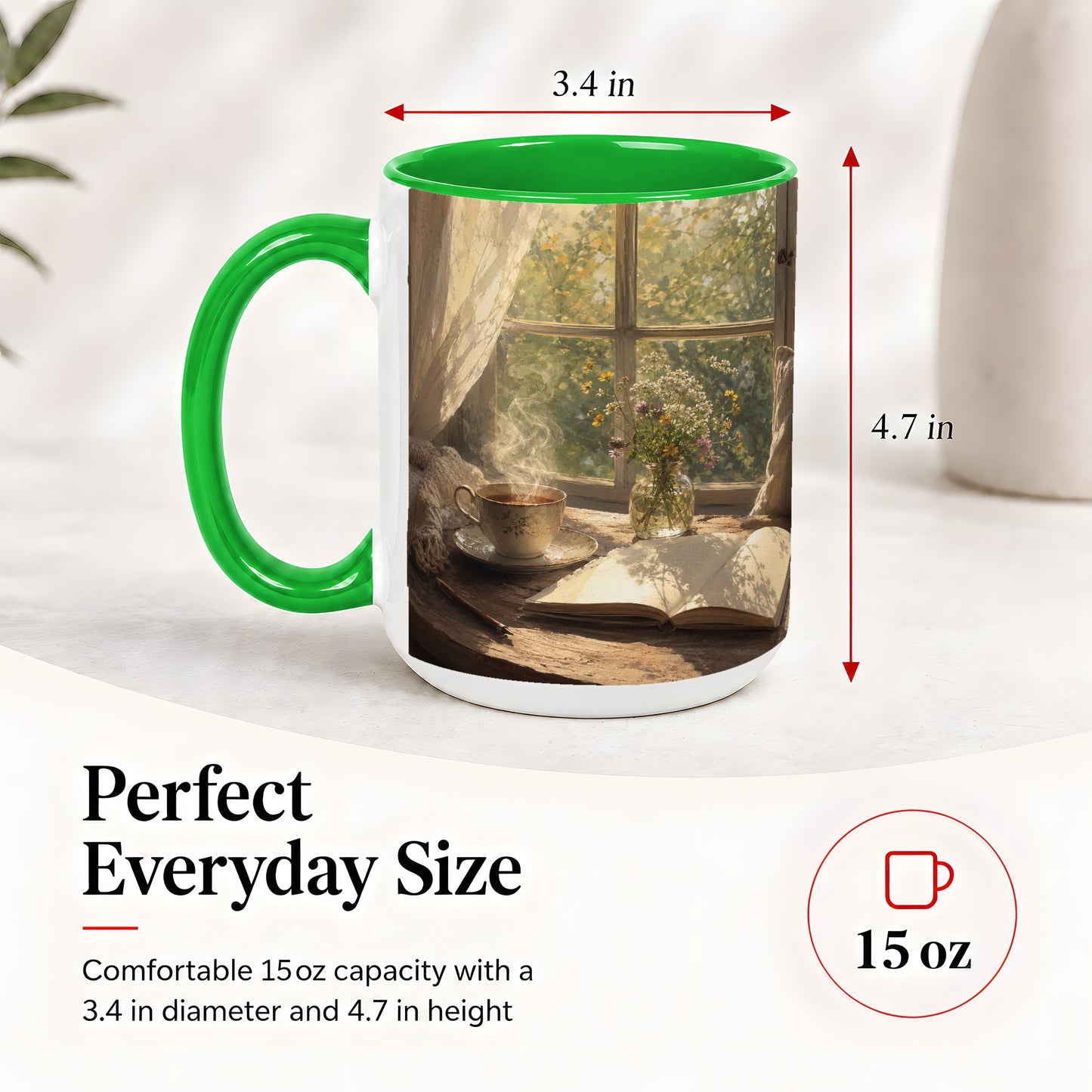 #pl[15oz|Green] Cozy Reading Nook Ceramic Mug, Tea Book and Flowers Art