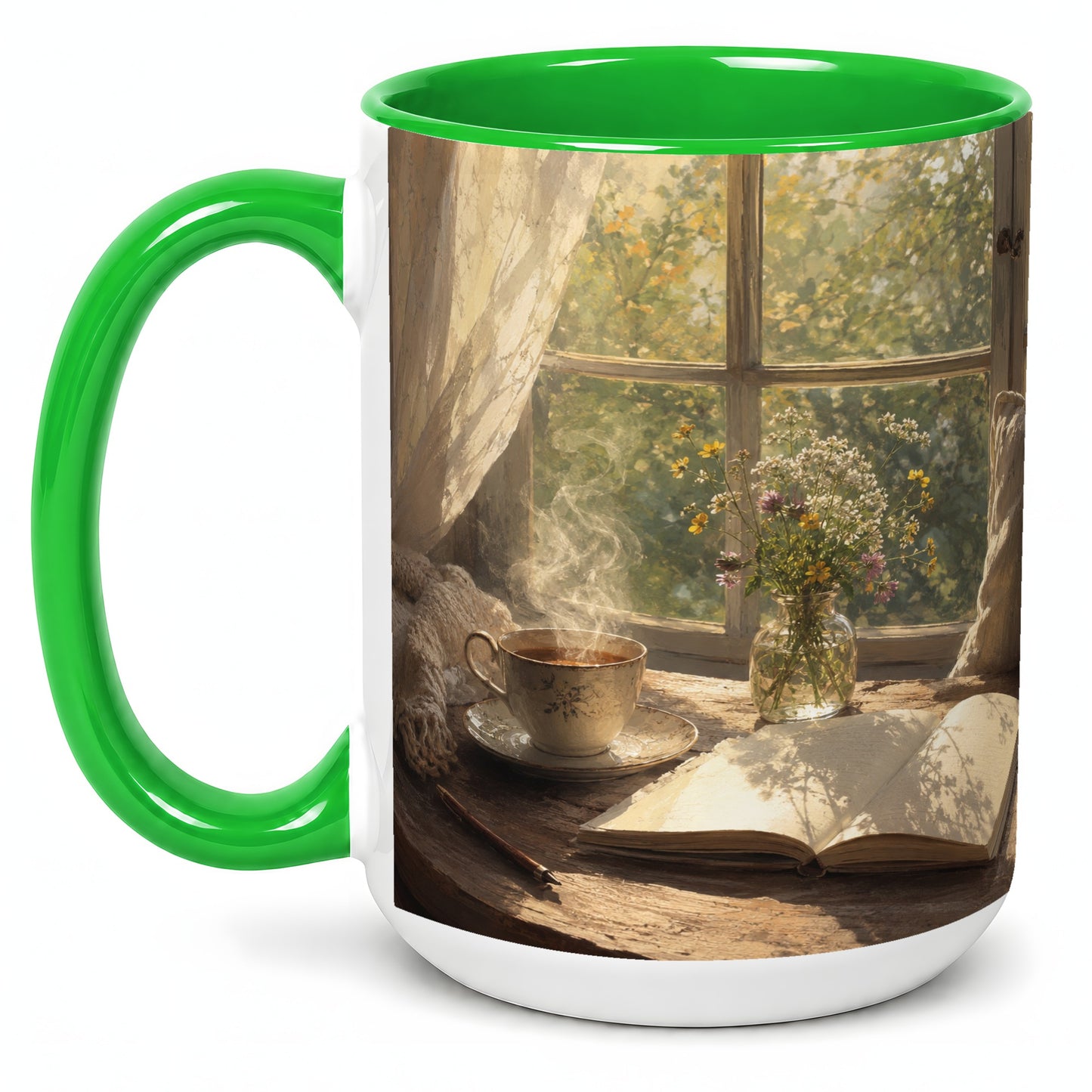 #pl[15oz|Green] Cozy Reading Nook Ceramic Mug, Tea Book and Flowers Art