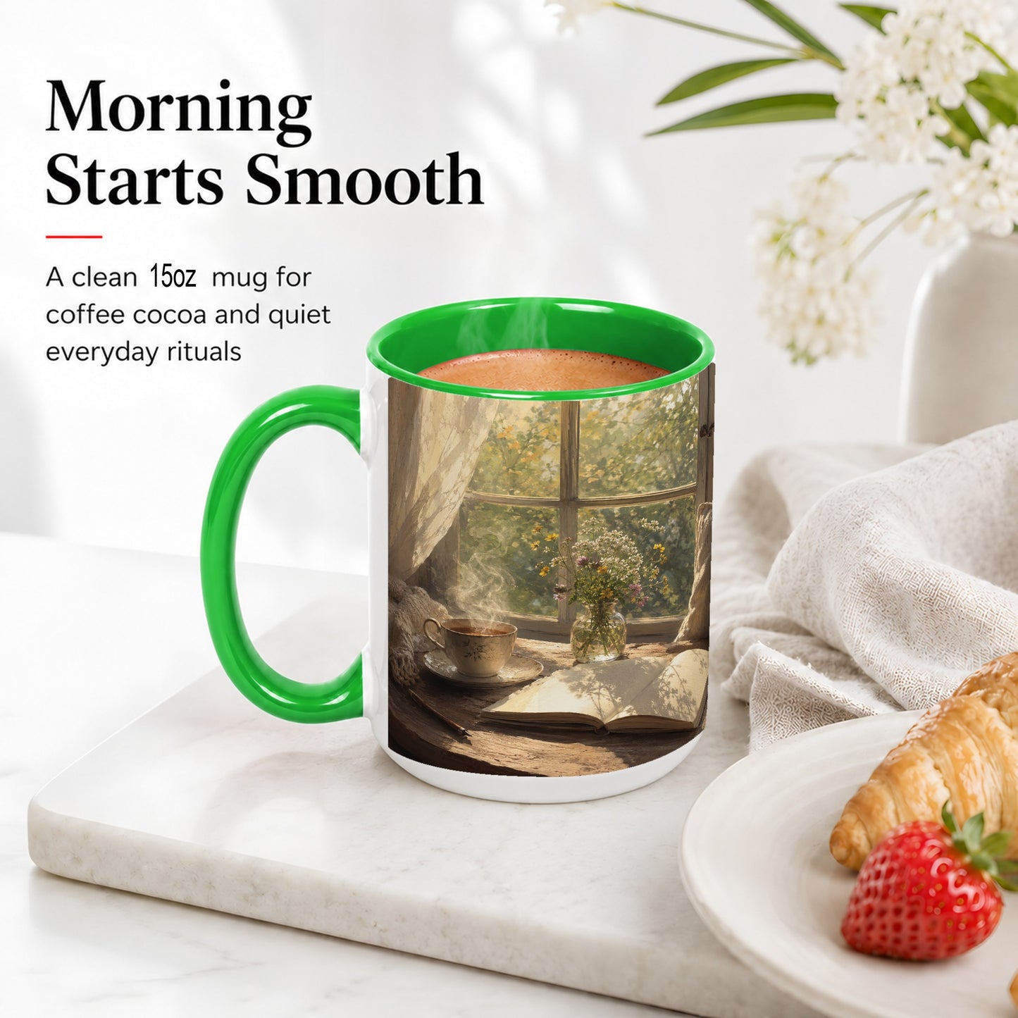 #pl[15oz|Green] Cozy Reading Nook Ceramic Mug, Tea Book and Flowers Art