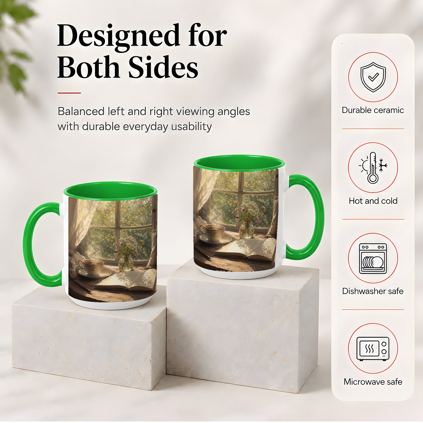#pl[15oz|Green] Cozy Reading Nook Ceramic Mug, Tea Book and Flowers Art