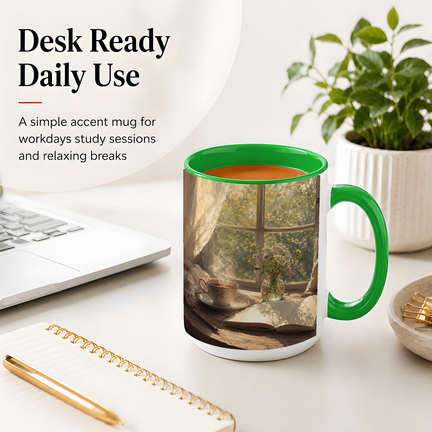 #pl[15oz|Green] Cozy Reading Nook Ceramic Mug, Tea Book and Flowers Art