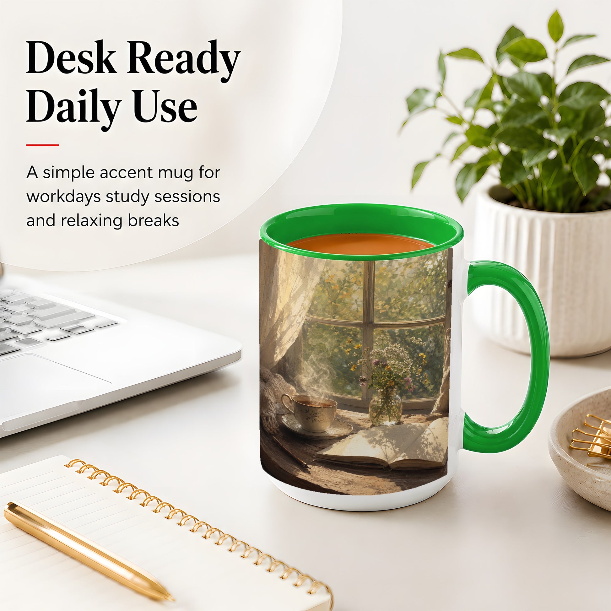 #pl[15oz|Green] Cozy Reading Nook Ceramic Mug, Tea Book and Flowers Art
