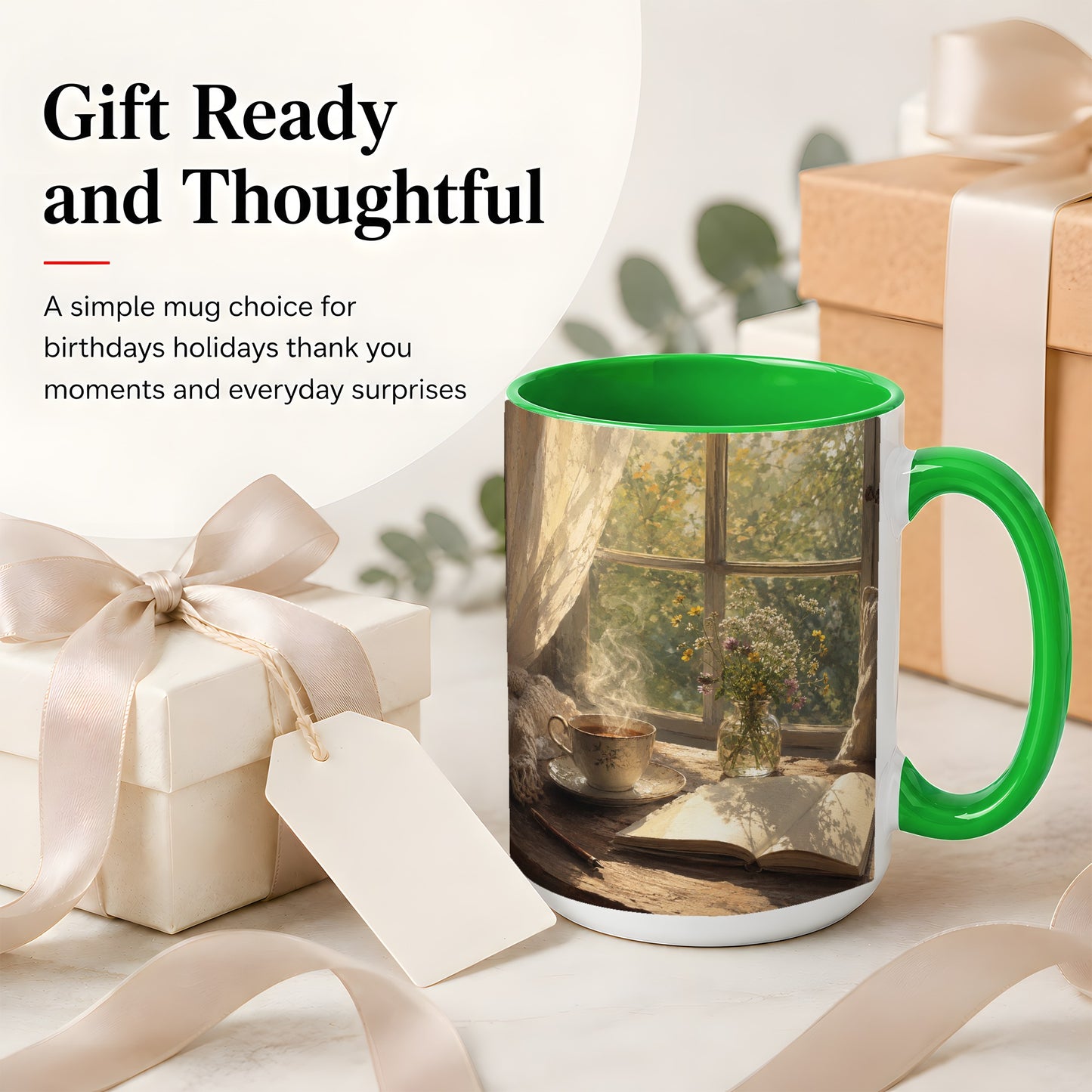 #pl[15oz|Green] Cozy Reading Nook Ceramic Mug, Tea Book and Flowers Art