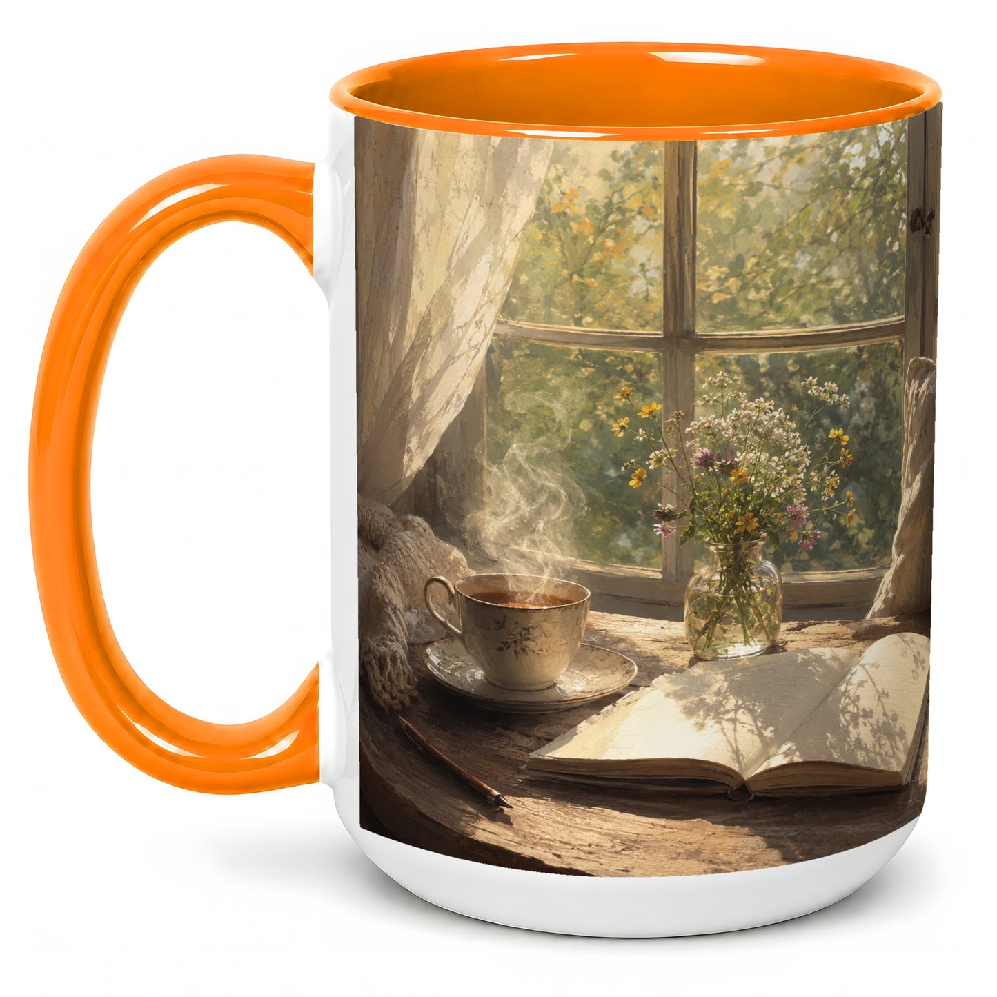 #pl[15oz|Orange] Cozy Reading Nook Ceramic Mug, Tea Book and Flowers Art