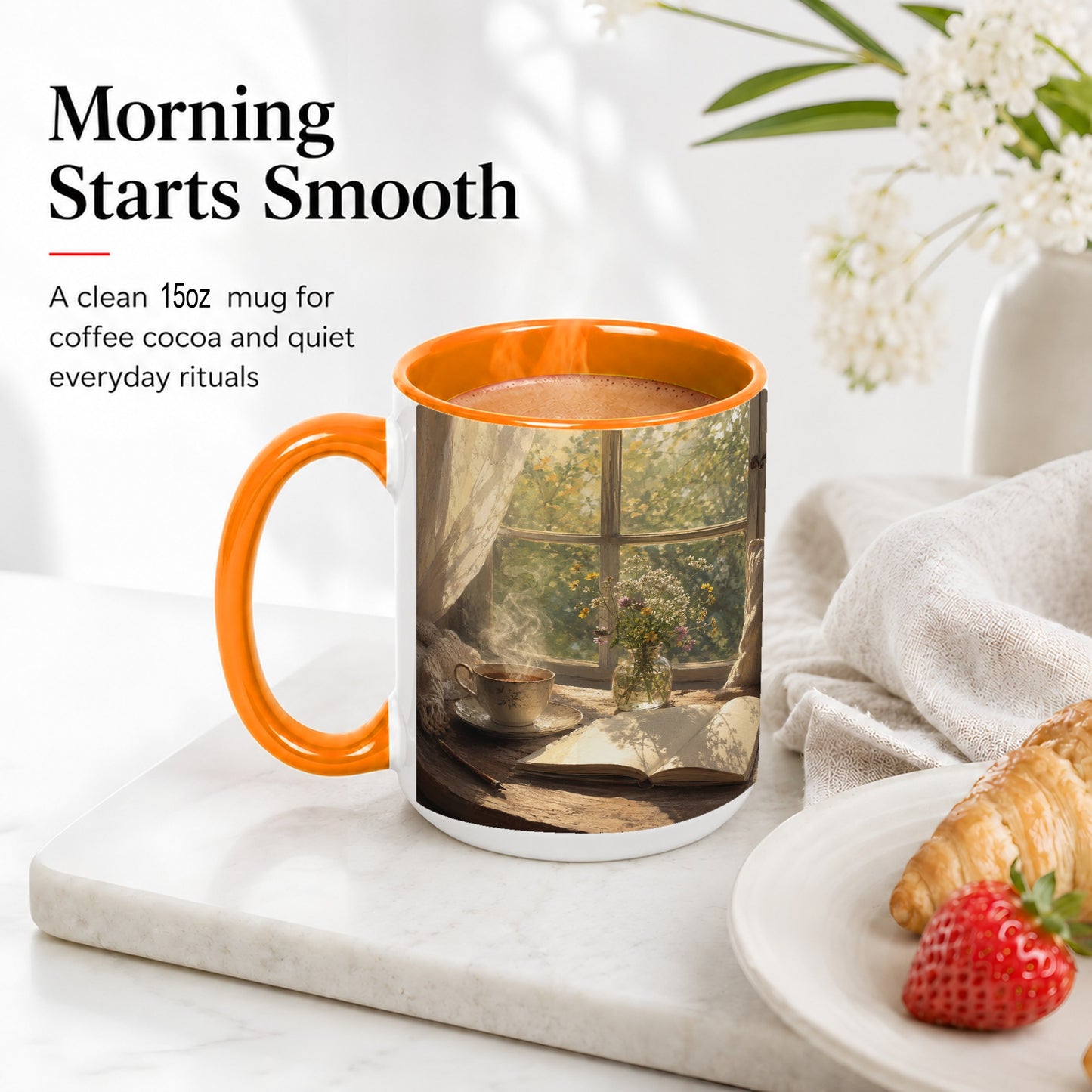 #pl[15oz|Orange] Cozy Reading Nook Ceramic Mug, Tea Book and Flowers Art