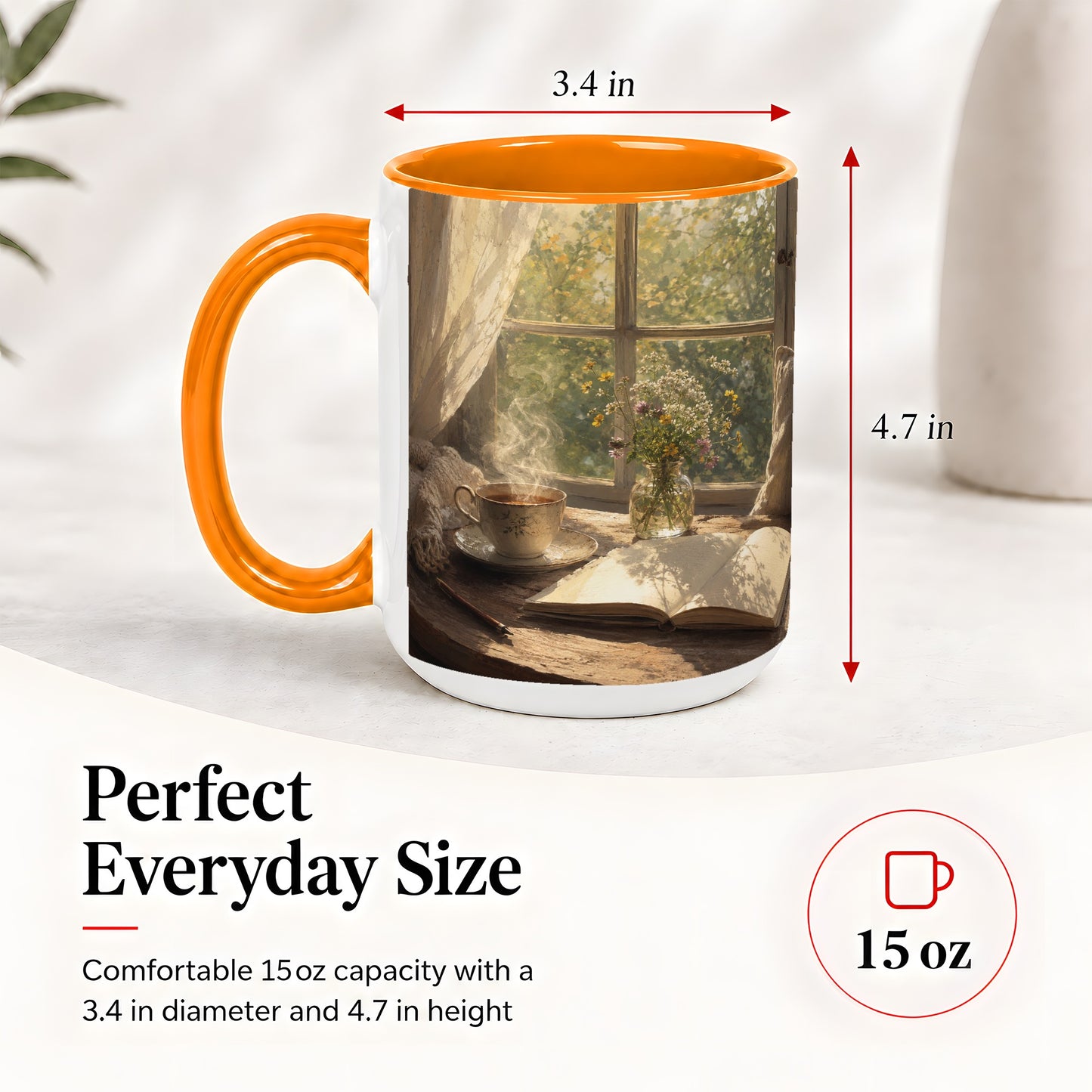 #pl[15oz|Orange] Cozy Reading Nook Ceramic Mug, Tea Book and Flowers Art