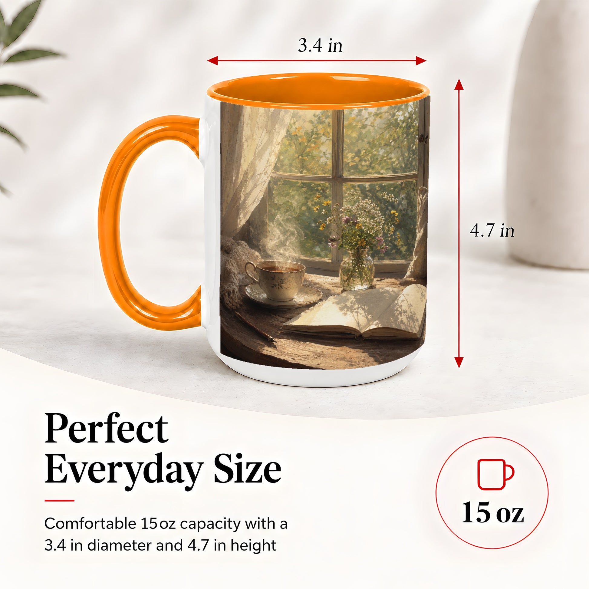 #pl[15oz|Orange] Cozy Reading Nook Ceramic Mug, Tea Book and Flowers Art