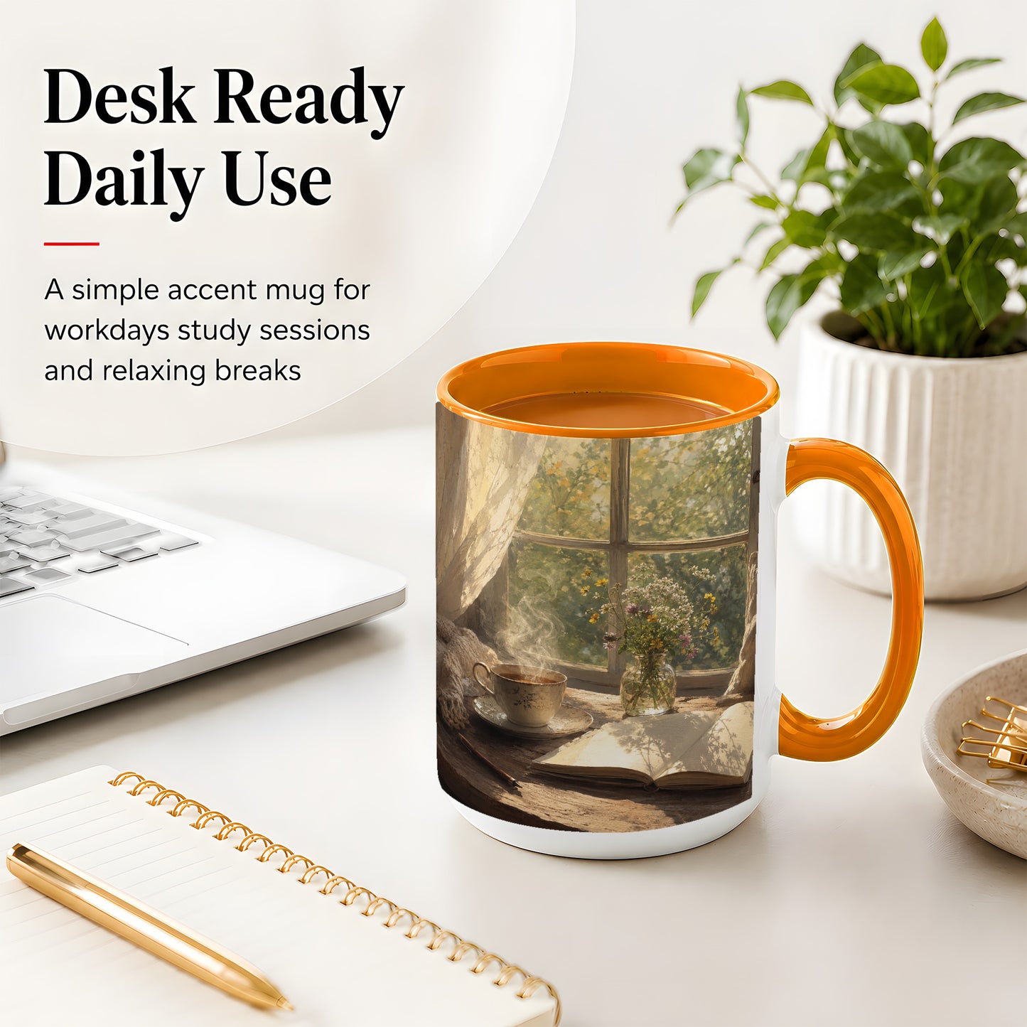 #pl[15oz|Orange] Cozy Reading Nook Ceramic Mug, Tea Book and Flowers Art