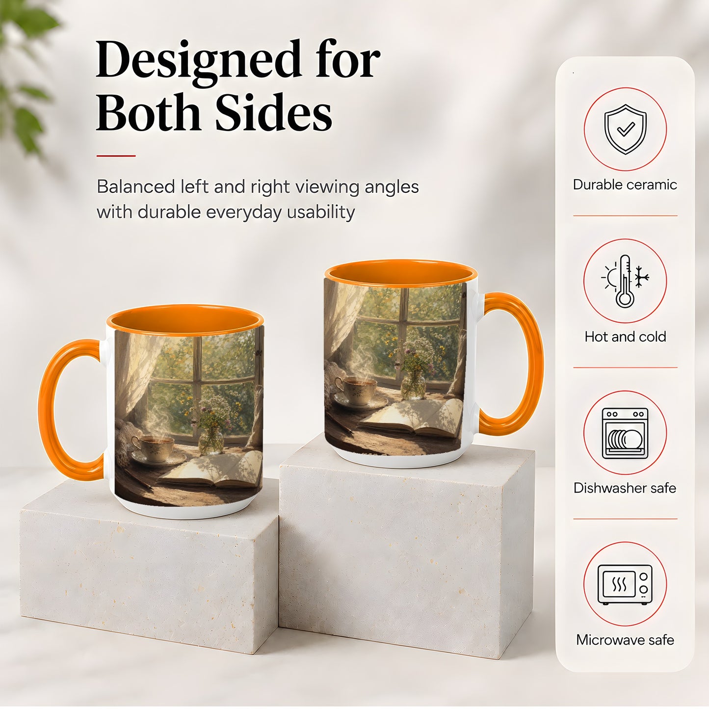 #pl[15oz|Orange] Cozy Reading Nook Ceramic Mug, Tea Book and Flowers Art