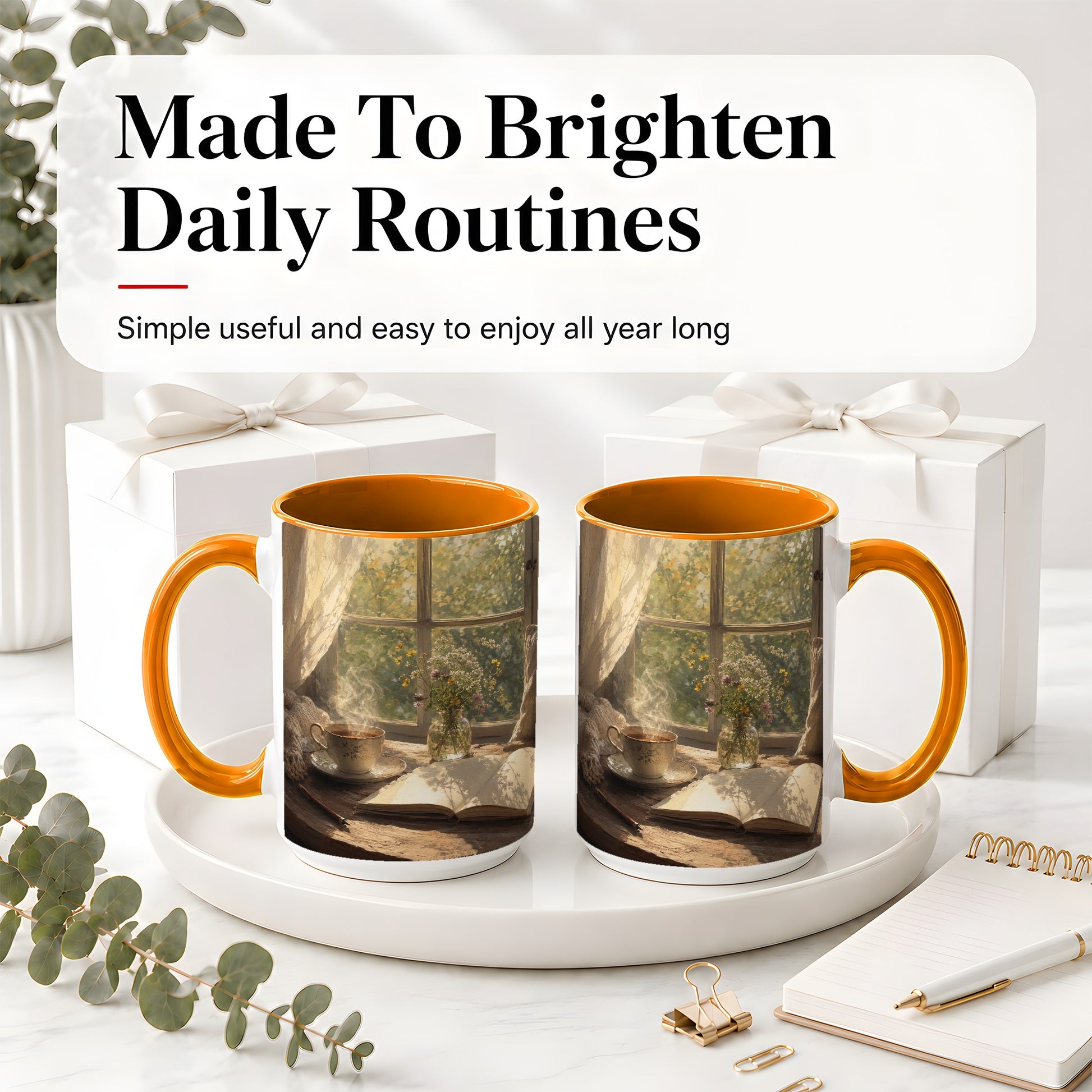 #pl[15oz|Orange] Cozy Reading Nook Ceramic Mug, Tea Book and Flowers Art