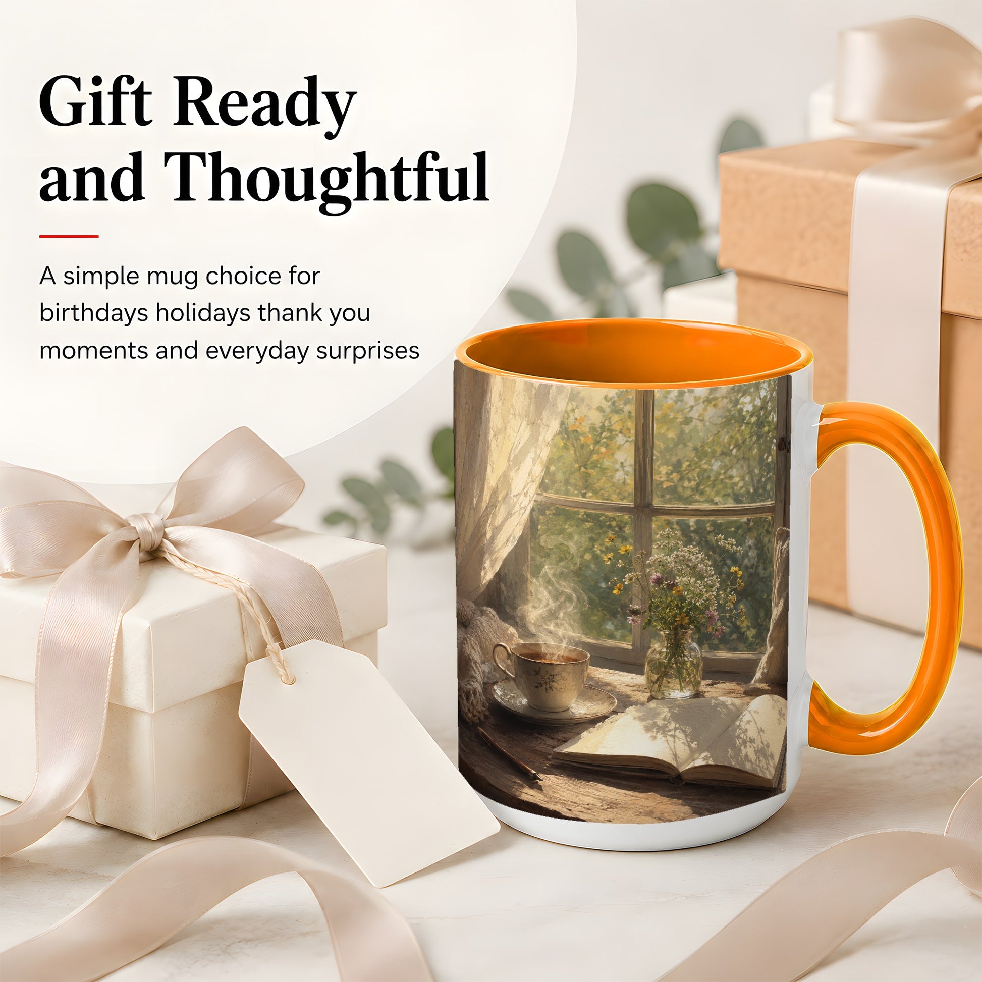 #pl[15oz|Orange] Cozy Reading Nook Ceramic Mug, Tea Book and Flowers Art