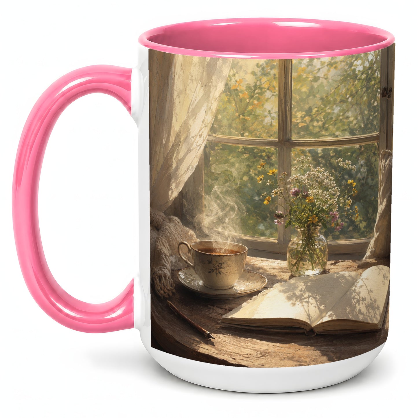 #pl[15oz|Pink] Cozy Reading Nook Ceramic Mug, Tea Book and Flowers Art