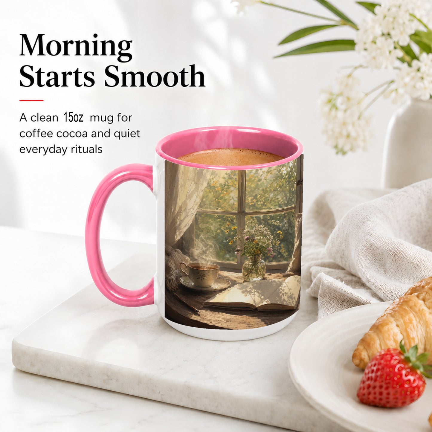#pl[15oz|Pink] Cozy Reading Nook Ceramic Mug, Tea Book and Flowers Art