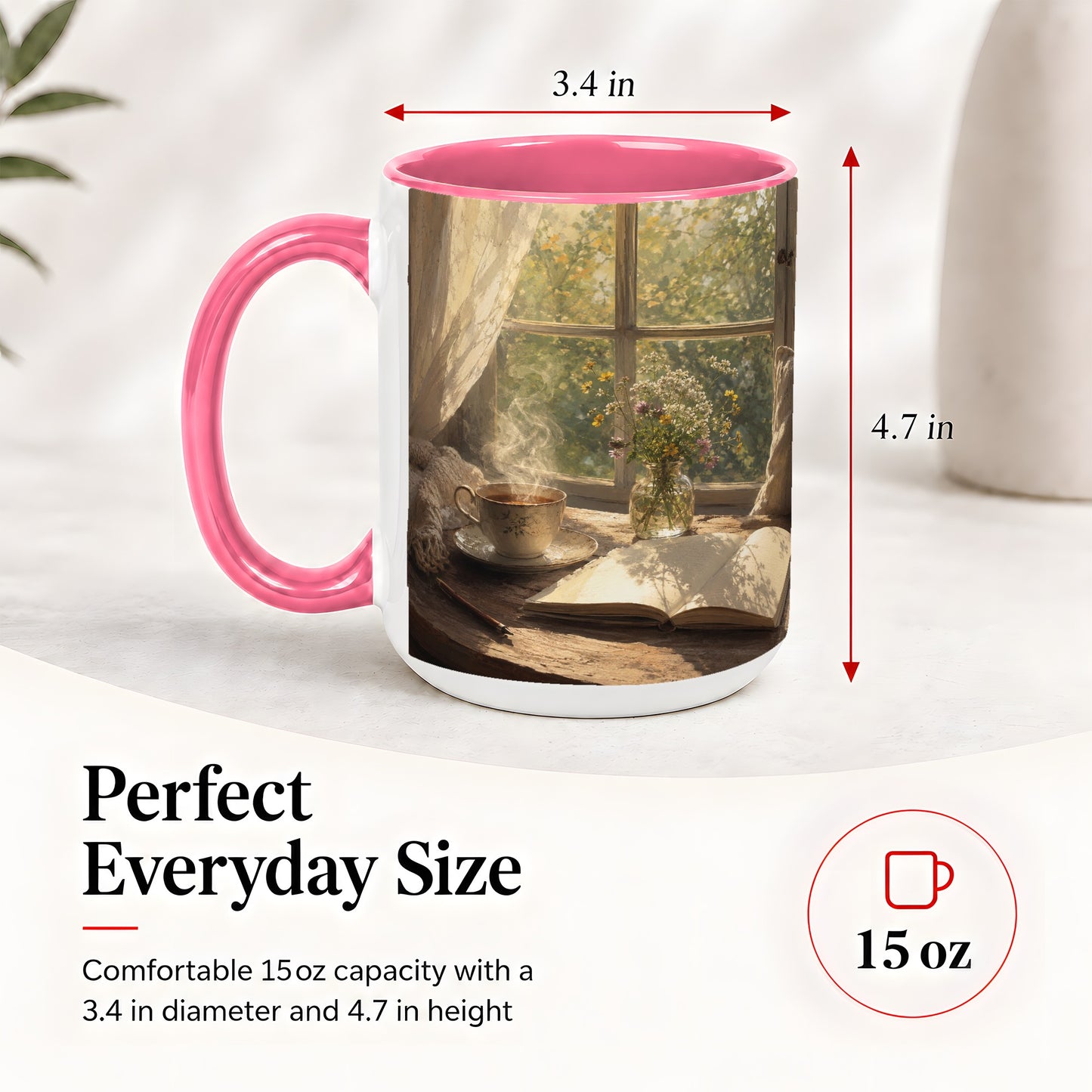 #pl[15oz|Pink] Cozy Reading Nook Ceramic Mug, Tea Book and Flowers Art