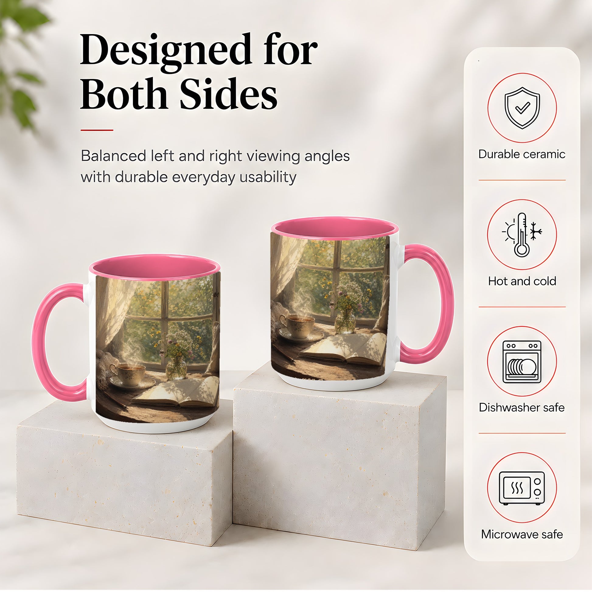 #pl[15oz|Pink] Cozy Reading Nook Ceramic Mug, Tea Book and Flowers Art