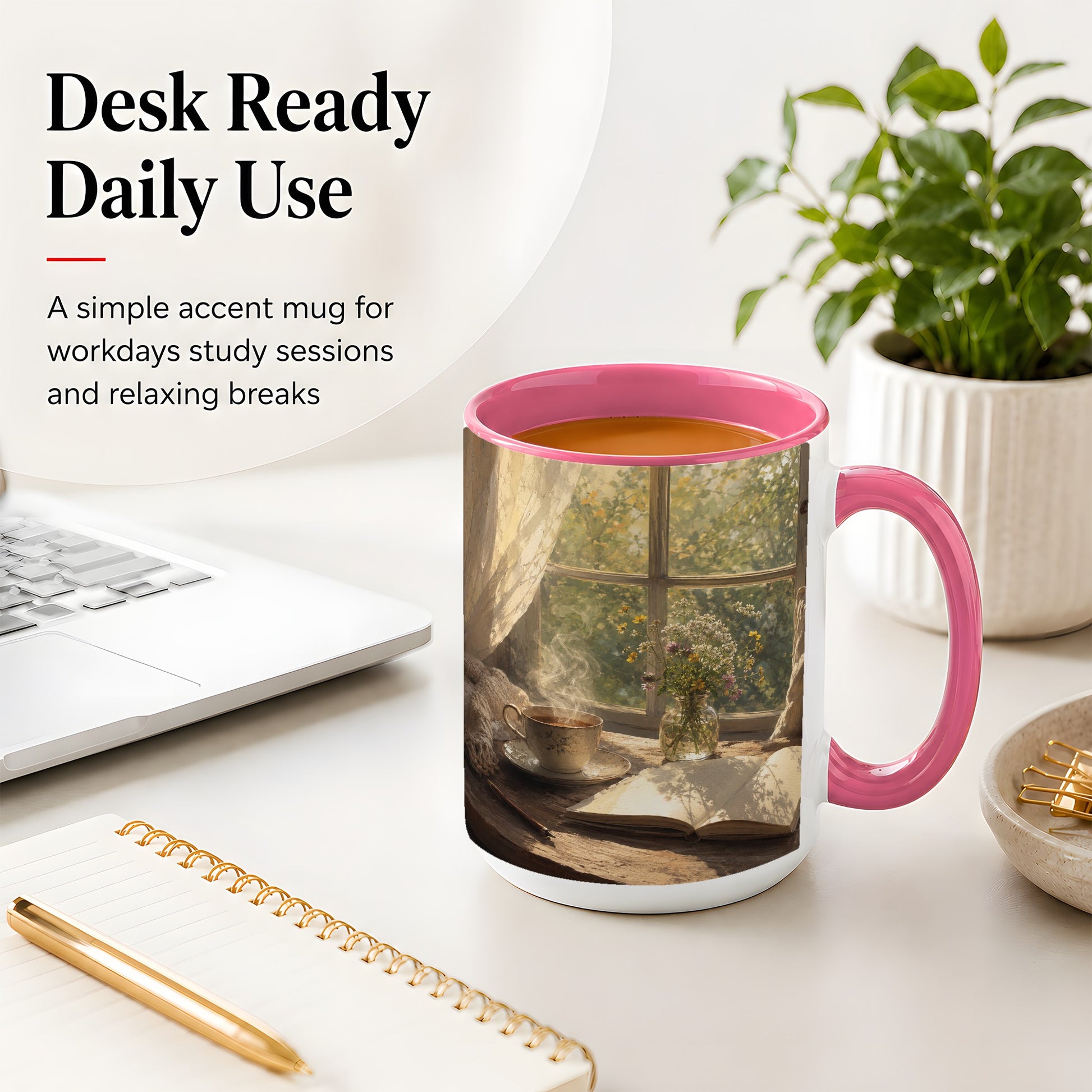 #pl[15oz|Pink] Cozy Reading Nook Ceramic Mug, Tea Book and Flowers Art