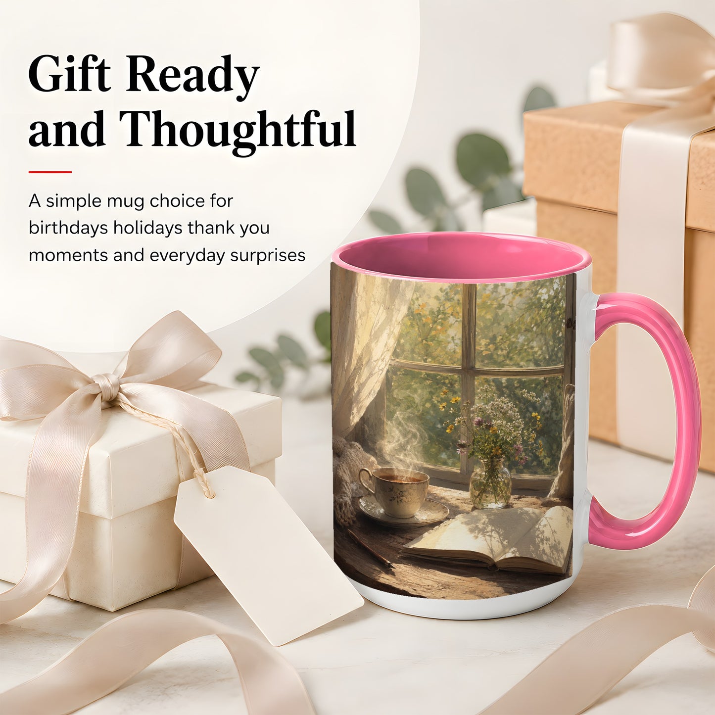 #pl[15oz|Pink] Cozy Reading Nook Ceramic Mug, Tea Book and Flowers Art