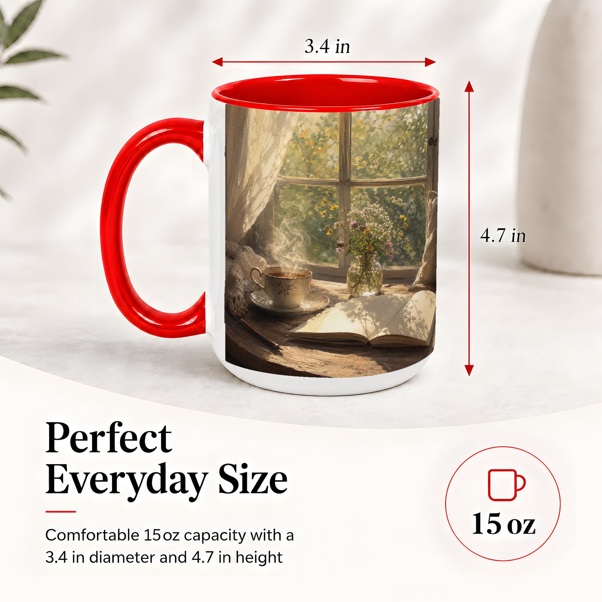 #pl[15oz|Red] Cozy Reading Nook Ceramic Mug, Tea Book and Flowers Art