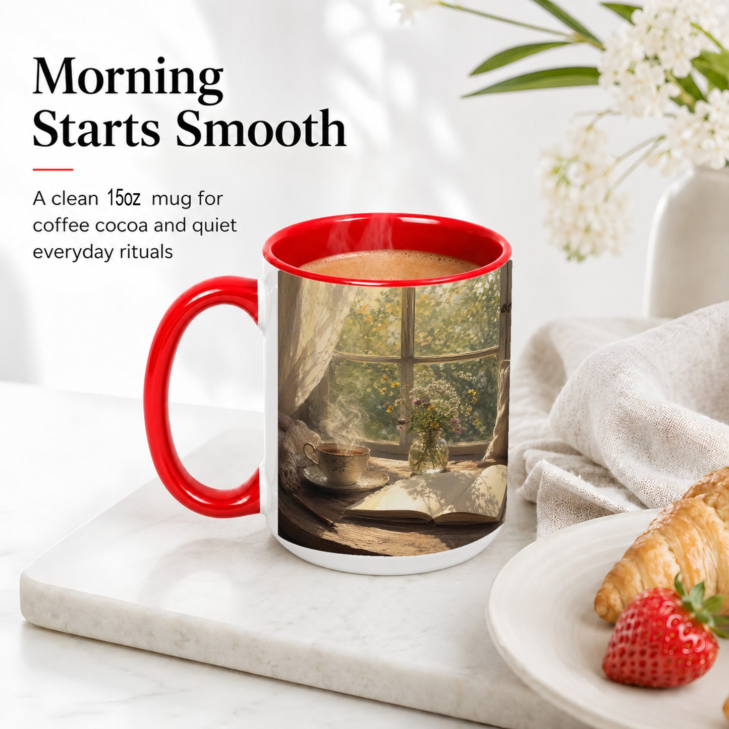 #pl[15oz|Red] Cozy Reading Nook Ceramic Mug, Tea Book and Flowers Art