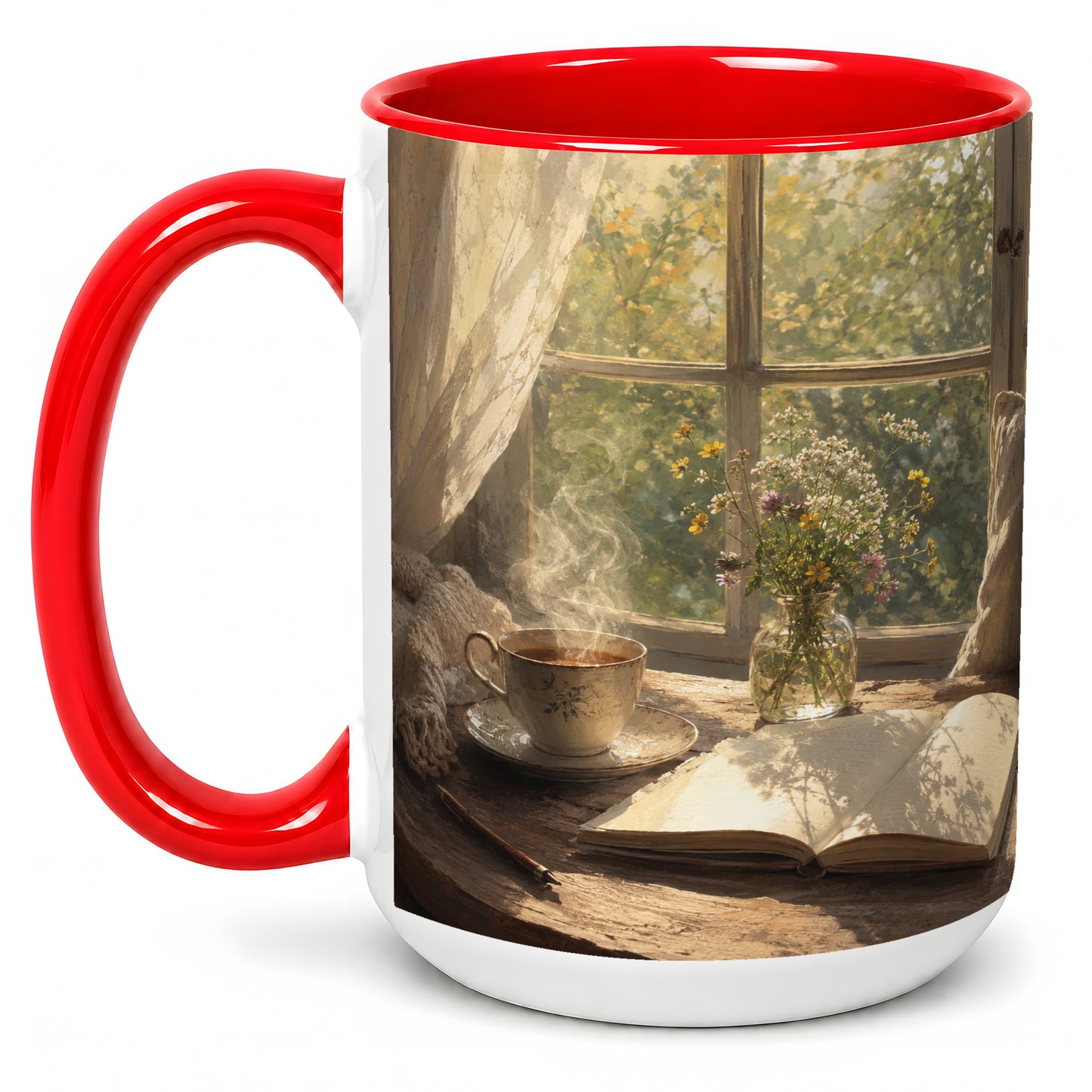 #pl[15oz|Red] Cozy Reading Nook Ceramic Mug, Tea Book and Flowers Art
