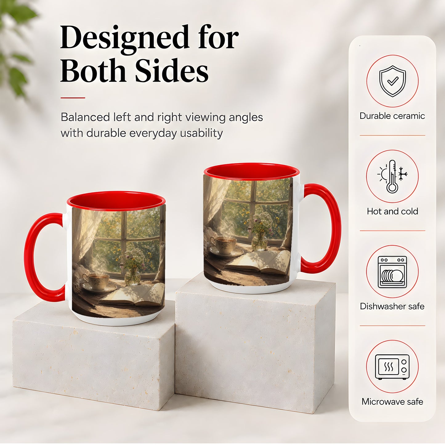 #pl[15oz|Red] Cozy Reading Nook Ceramic Mug, Tea Book and Flowers Art