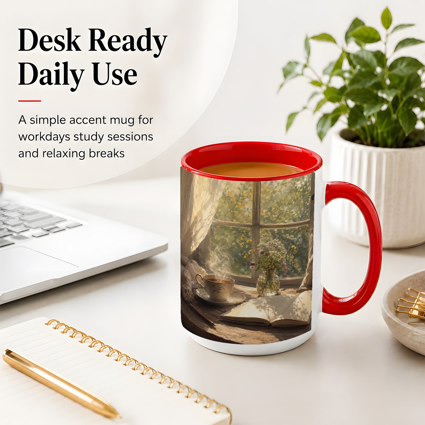 #pl[15oz|Red] Cozy Reading Nook Ceramic Mug, Tea Book and Flowers Art