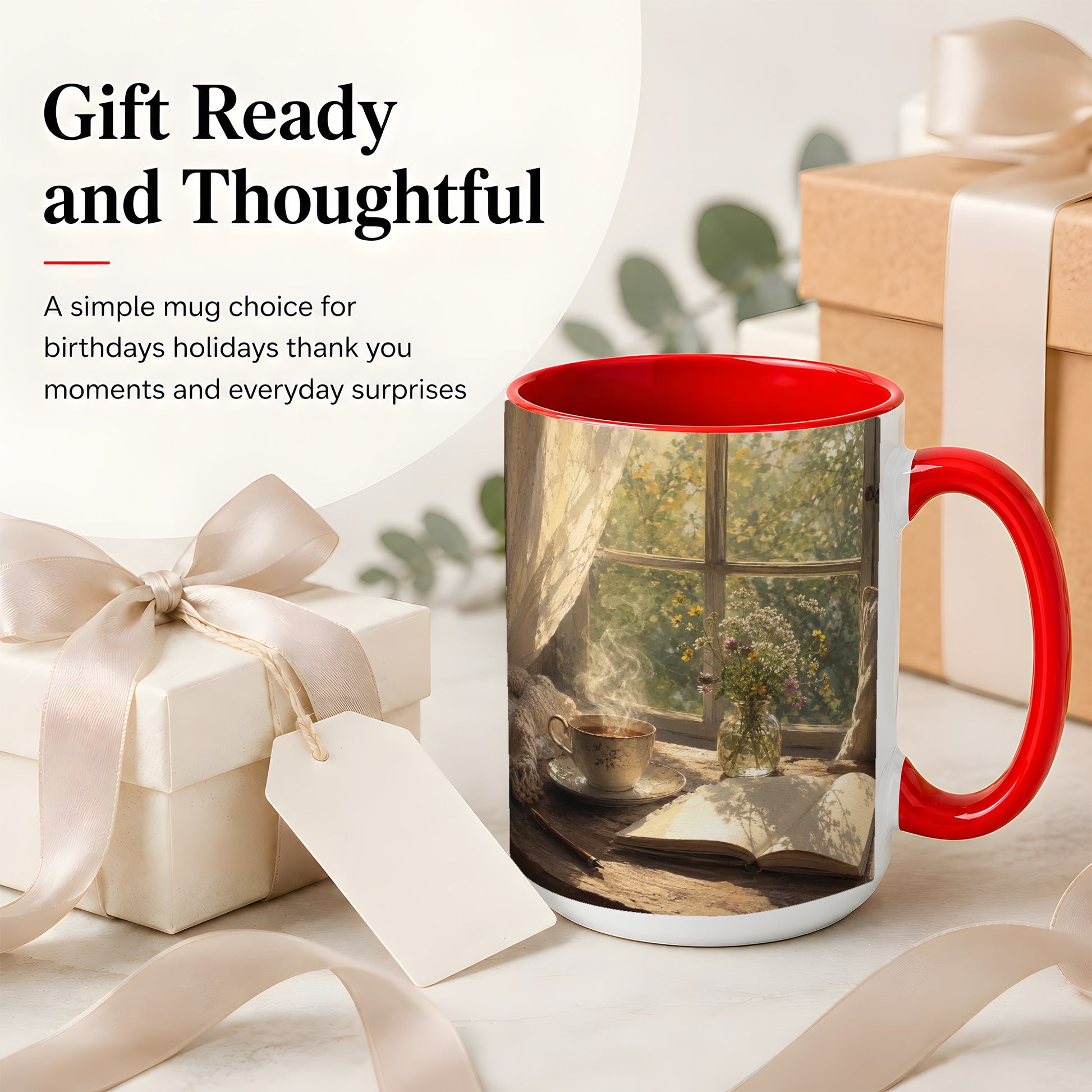 #pl[15oz|Red] Cozy Reading Nook Ceramic Mug, Tea Book and Flowers Art