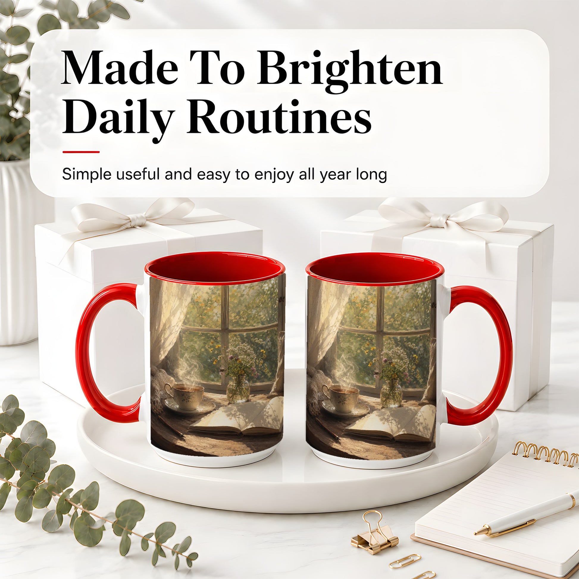 #pl[15oz|Red] Cozy Reading Nook Ceramic Mug, Tea Book and Flowers Art