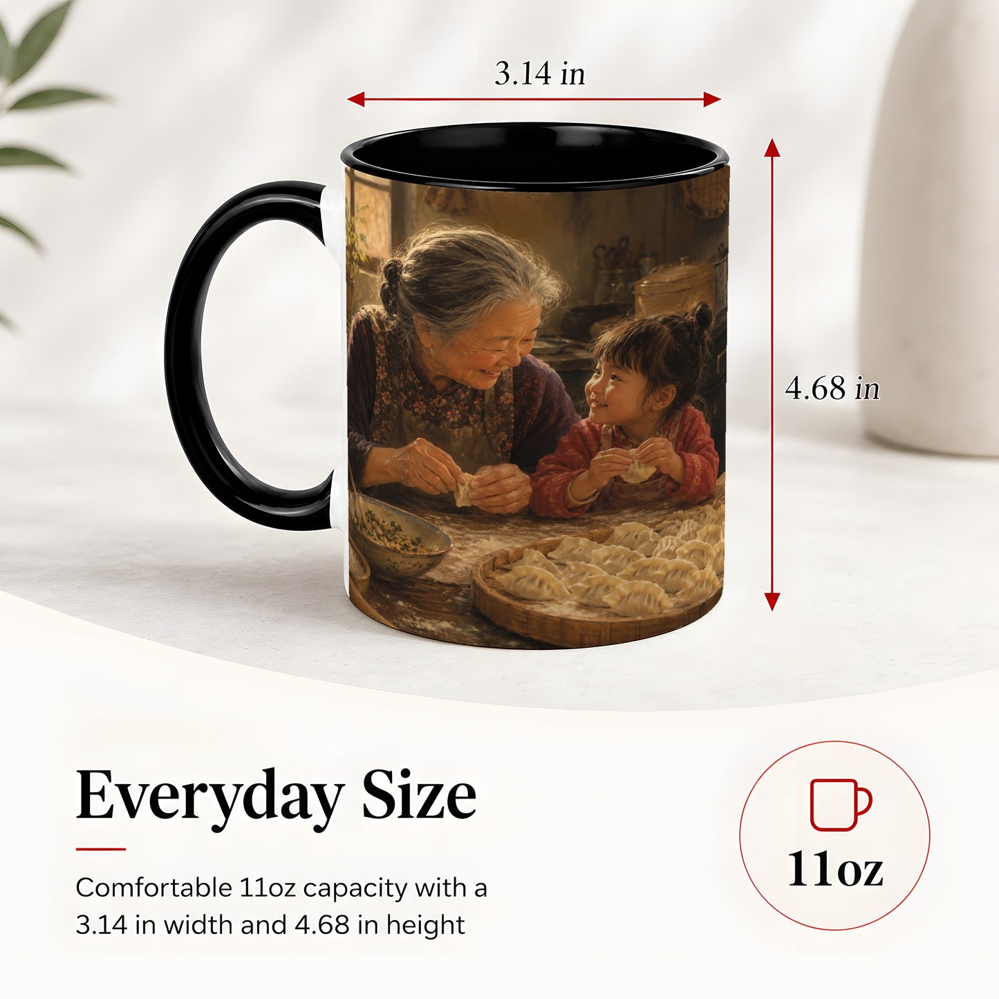 #pl[11oz|Black] Family Dumpling Making Ceramic Mug, Grandma and Child Art