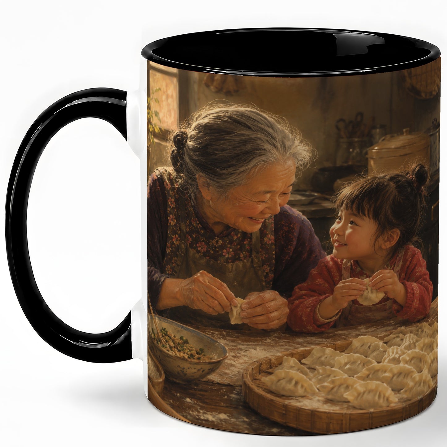 #pl[11oz|Black] Family Dumpling Making Ceramic Mug, Grandma and Child Art