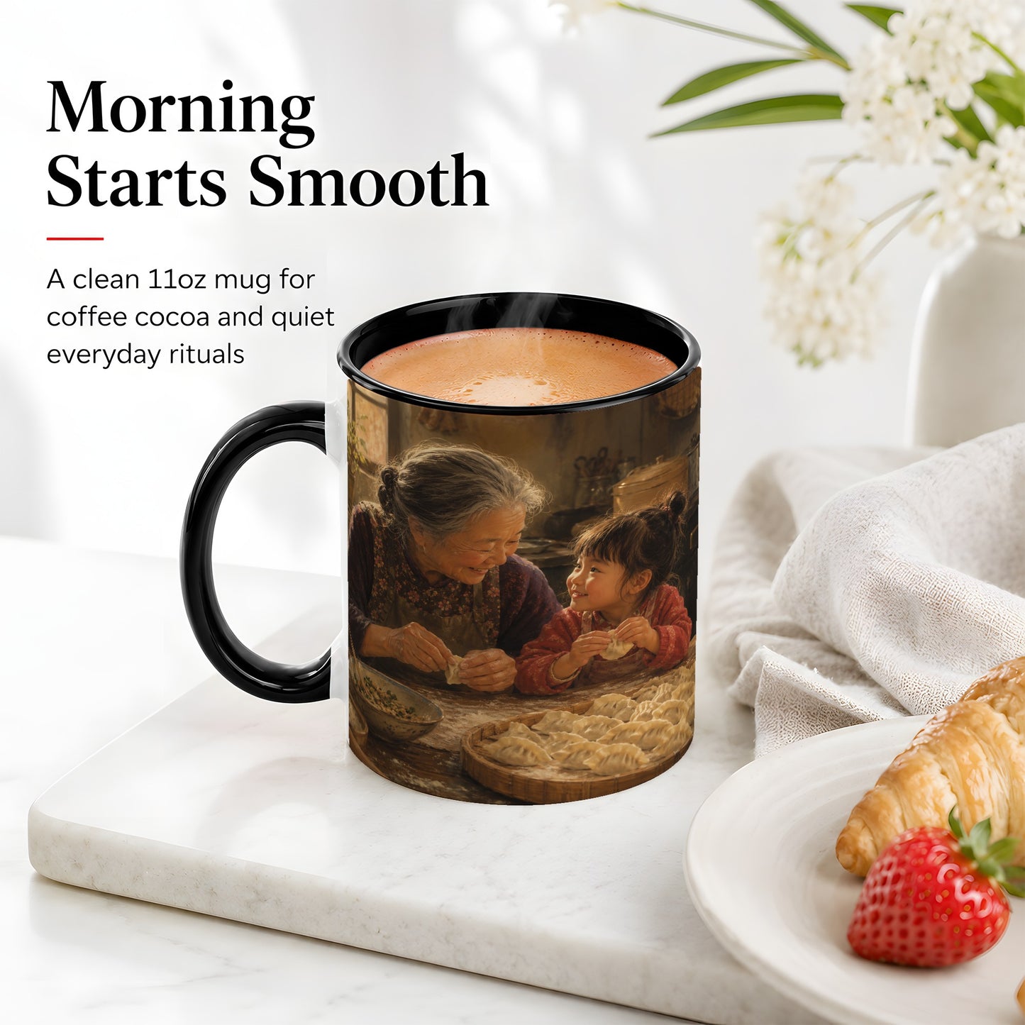 #pl[11oz|Black] Family Dumpling Making Ceramic Mug, Grandma and Child Art